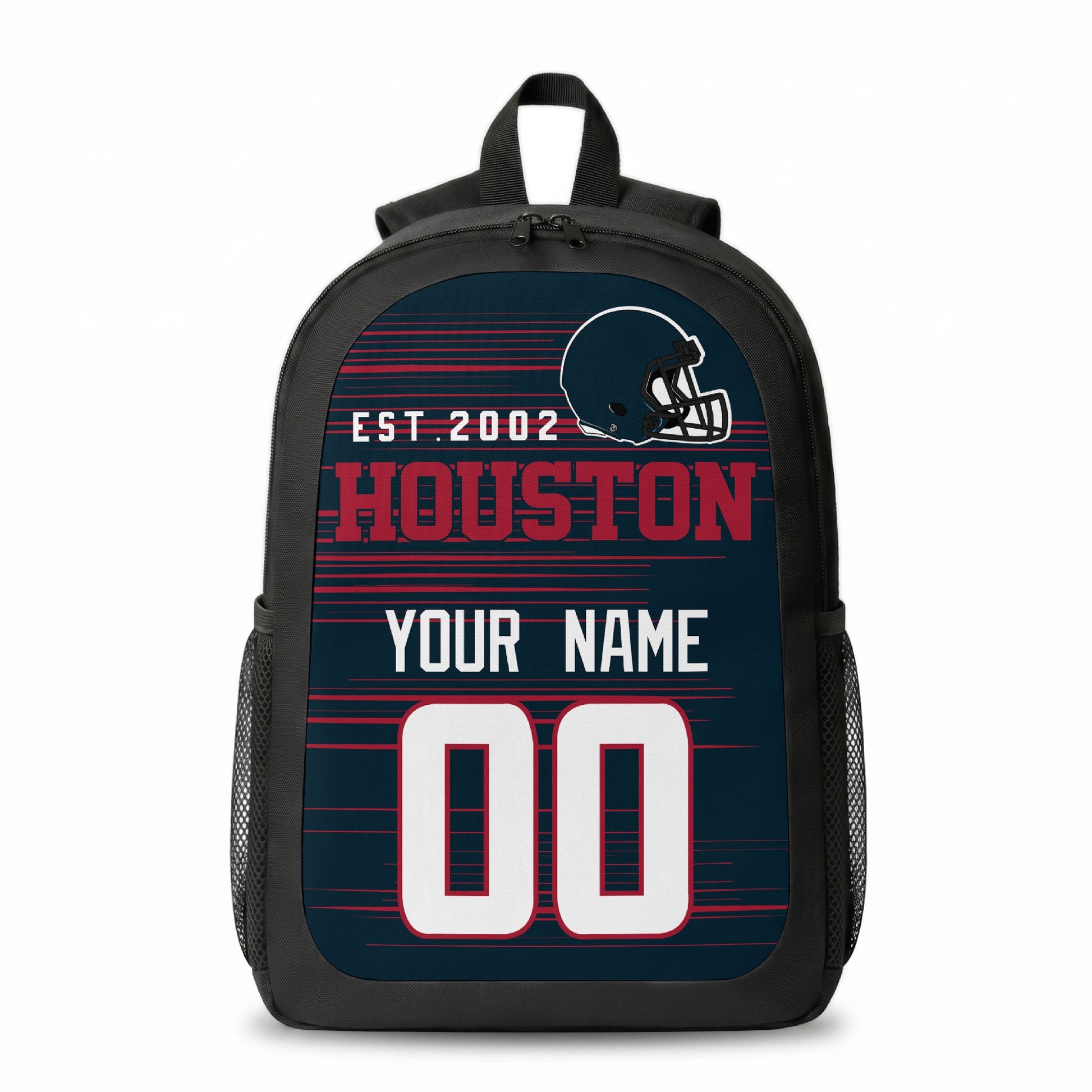 Houston stripe colors personalized football backpack front view with helmet-style graphic