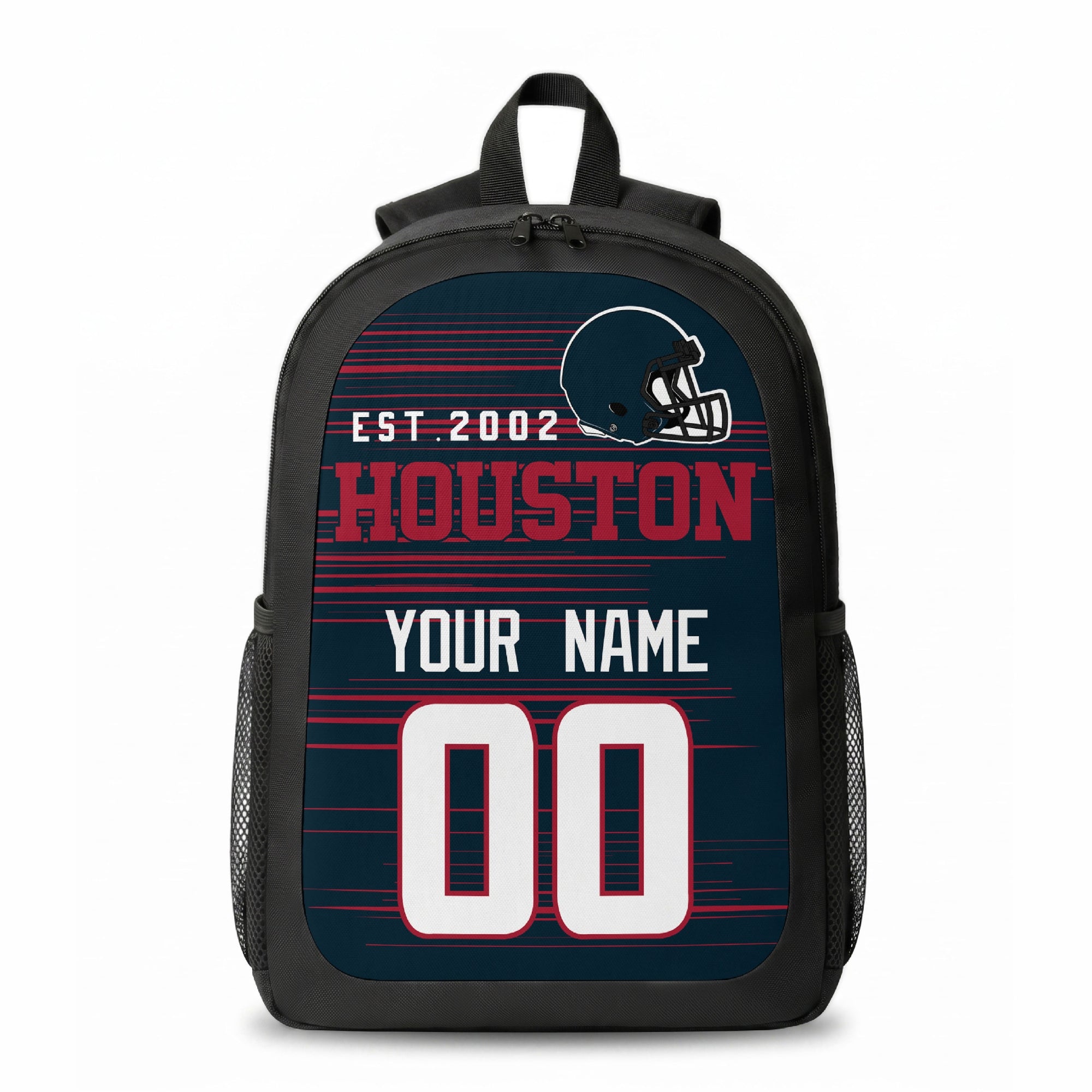 Houston stripe colors personalized football backpack front view with helmet-style graphic