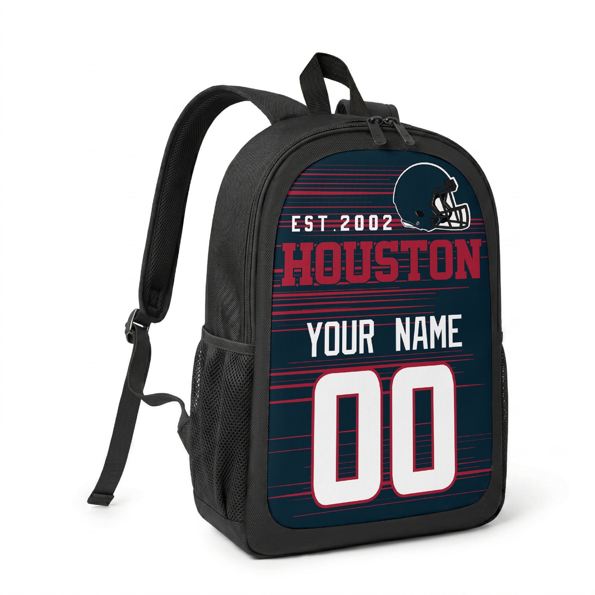 Houston custom name and number football backpack angled side view with black straps
