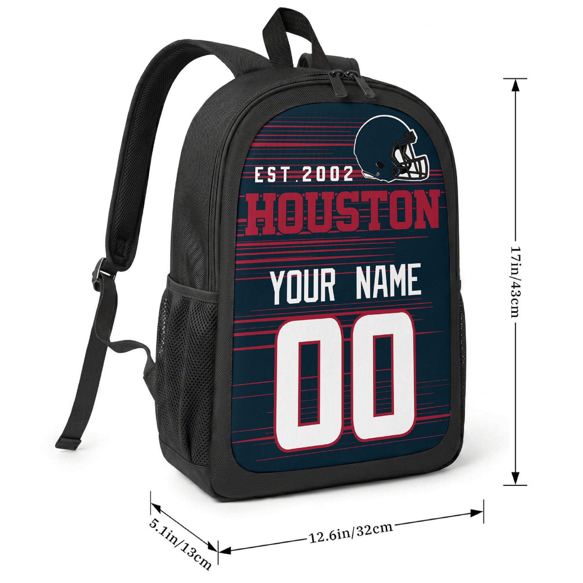 Houston football-inspired backpack size chart showing 17 inch height, 12.6 inch width, and 5.1 inch depth