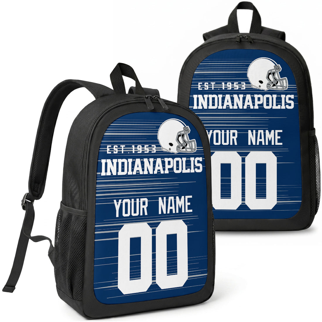 Indianapolis custom football backpack with name and number, front and angled product view