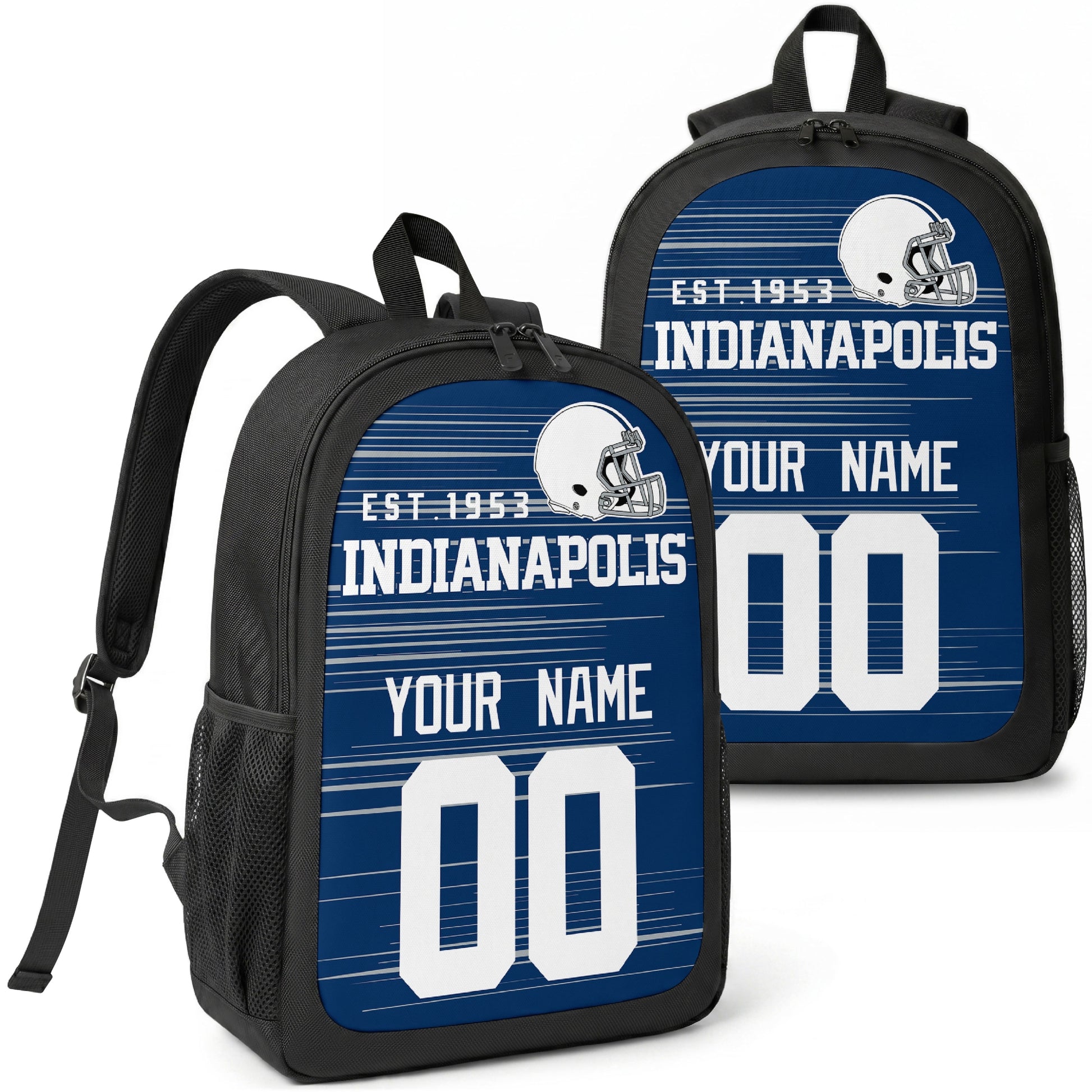 Indianapolis custom football backpack with name and number, front and angled product view