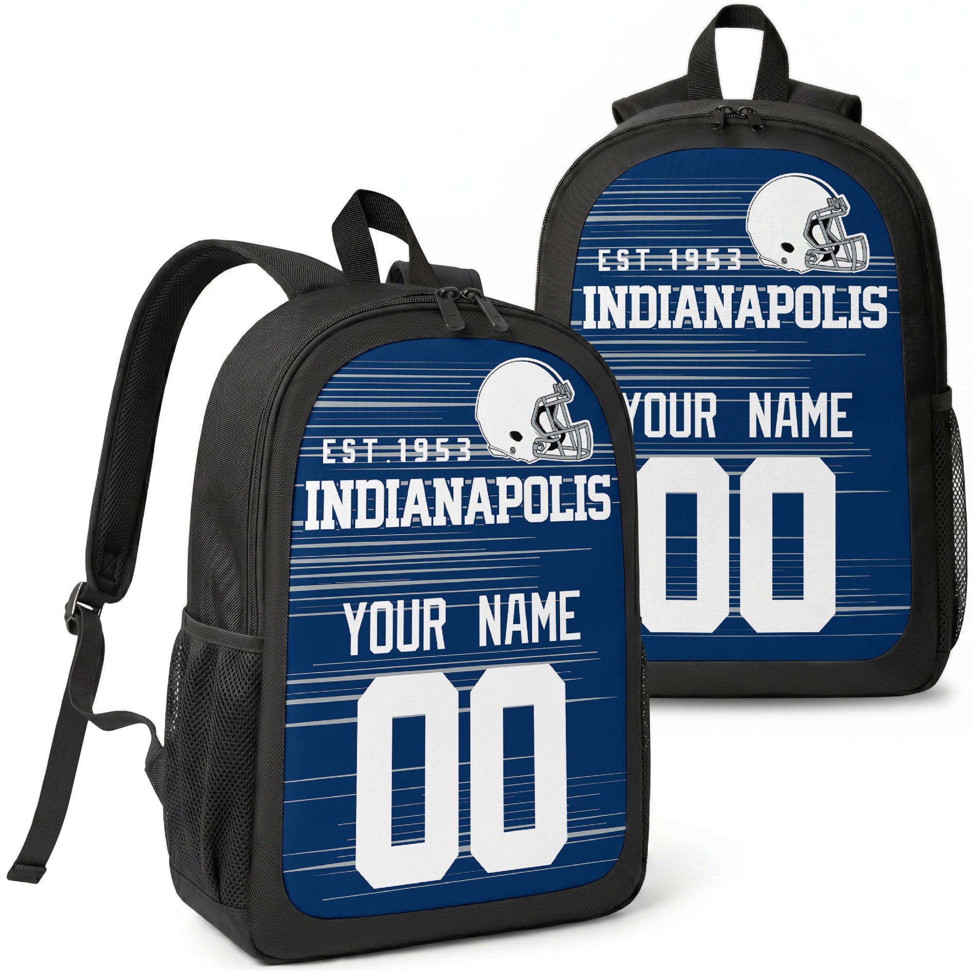 Indianapolis custom football backpack with name and number, front and angled product view