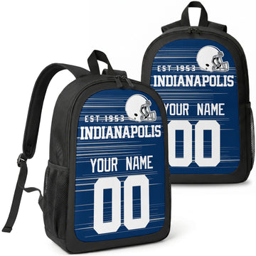 Indianapolis custom football backpack with name and number, front and angled product view