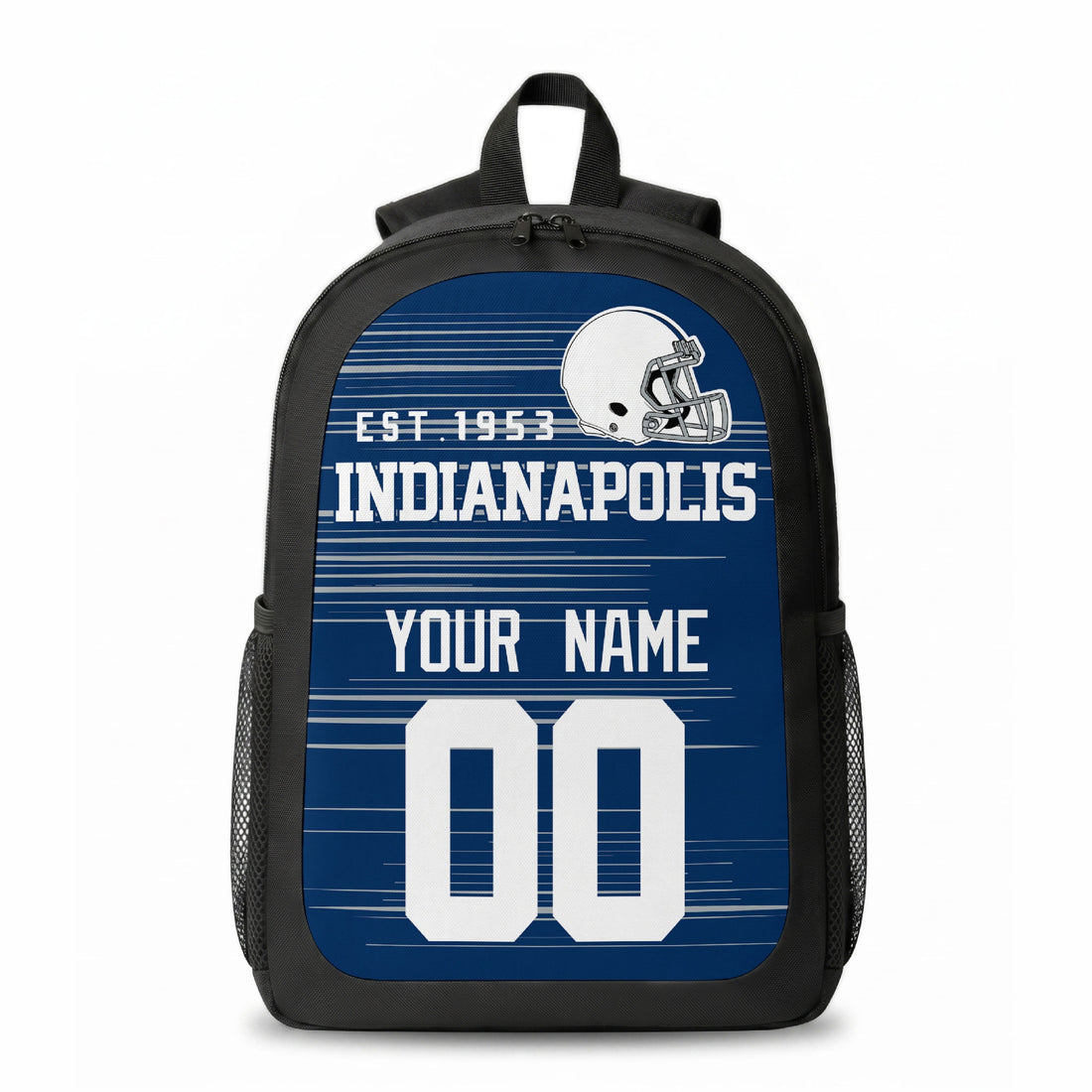 Indianapolis custom football backpack with name and number, front and angled product view