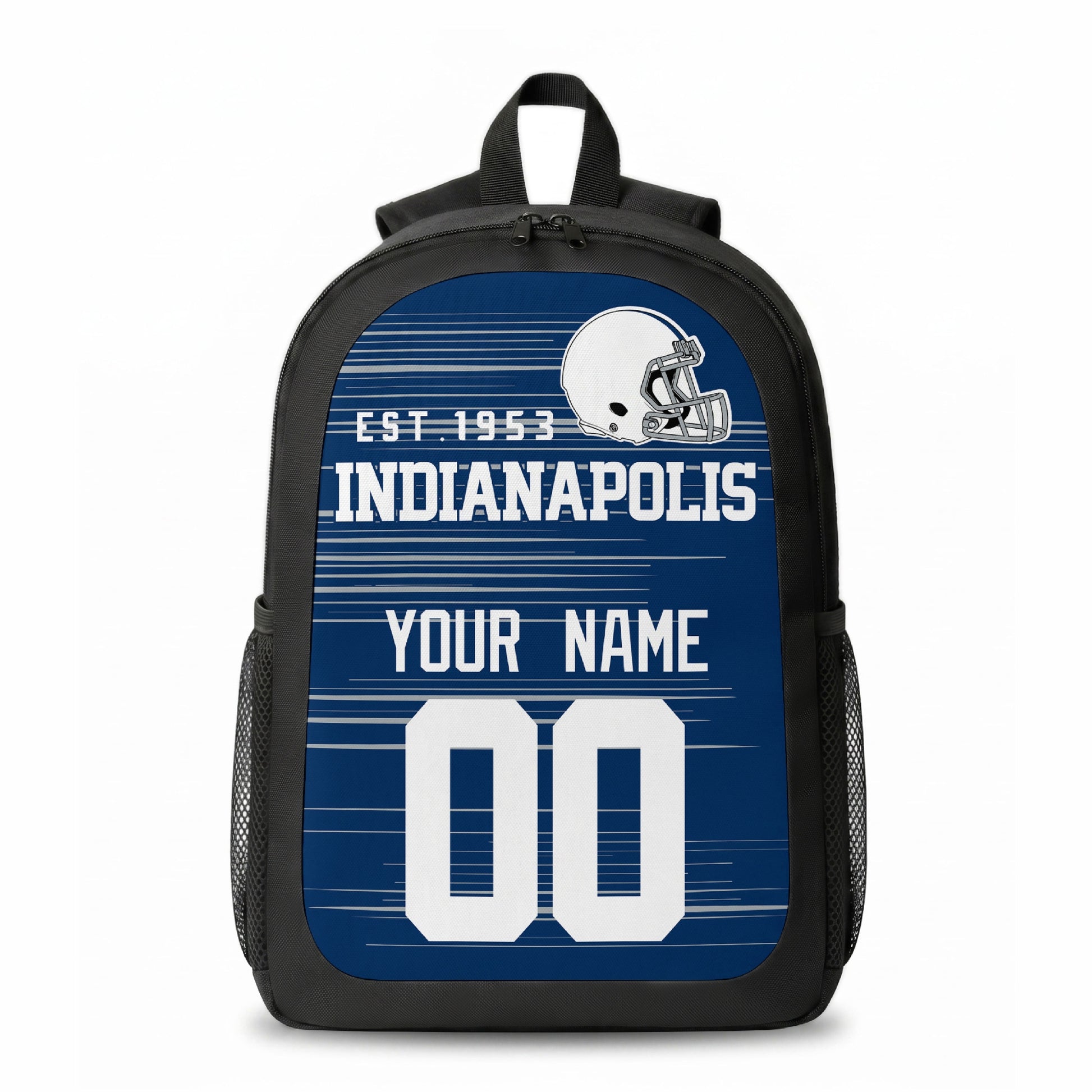 Indianapolis stripe colors personalized football backpack front view with helmet-style graphic