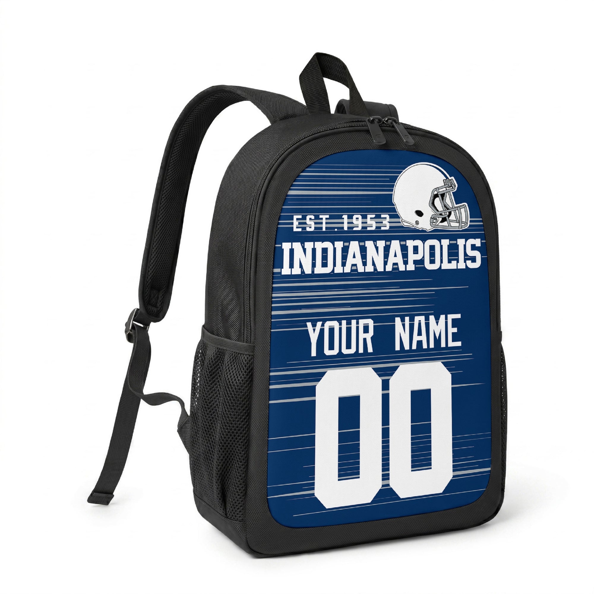 Indianapolis custom name and number football backpack angled side view with black straps