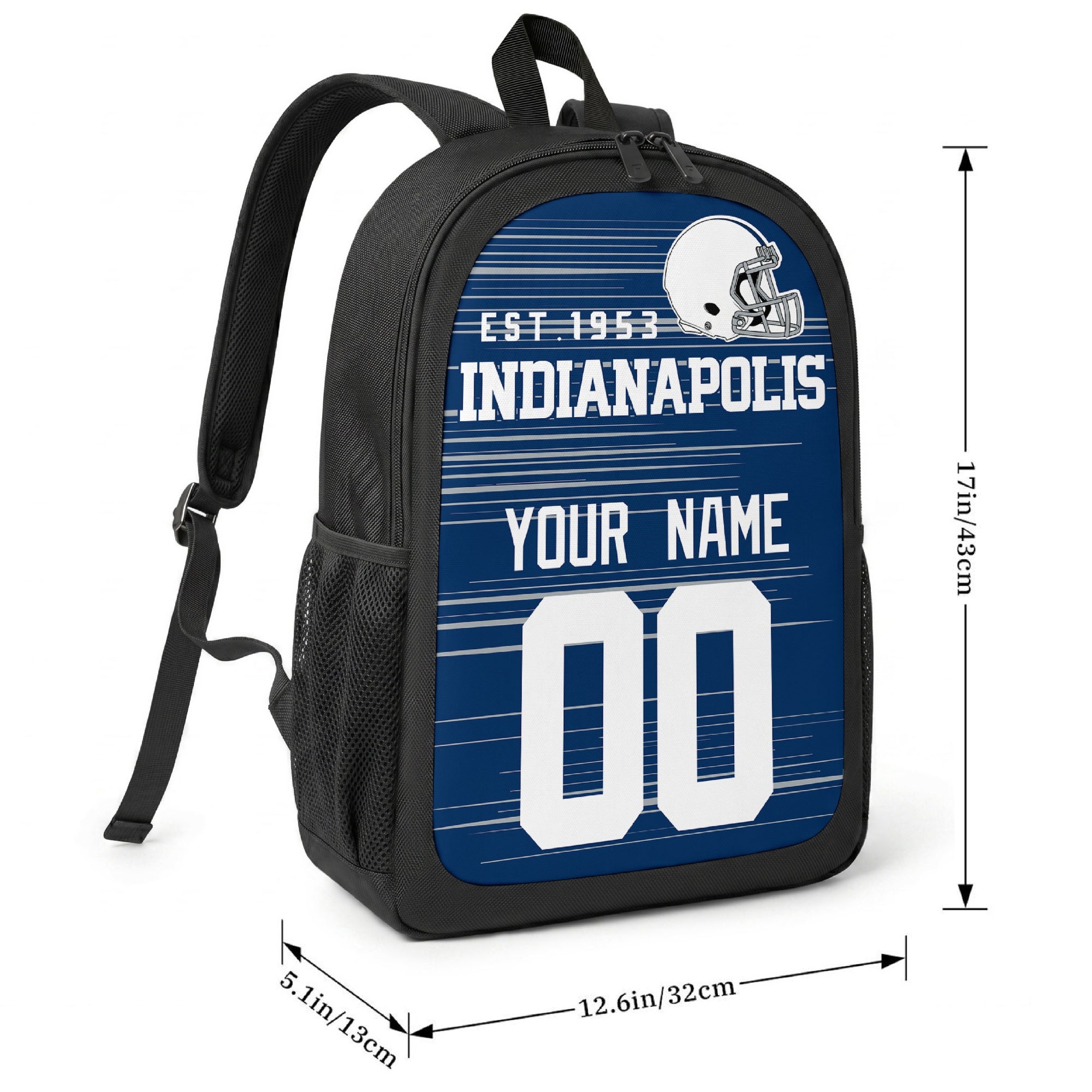 Indianapolis football-inspired backpack size chart showing 17 inch height, 12.6 inch width, and 5.1 inch depth