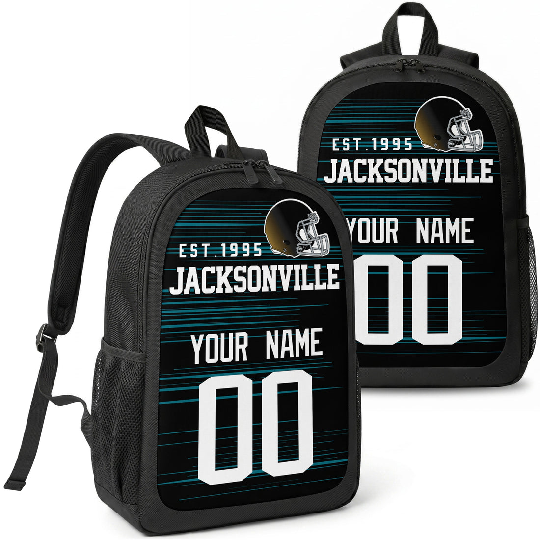 Jacksonville custom football backpack with name and number, front and angled product view