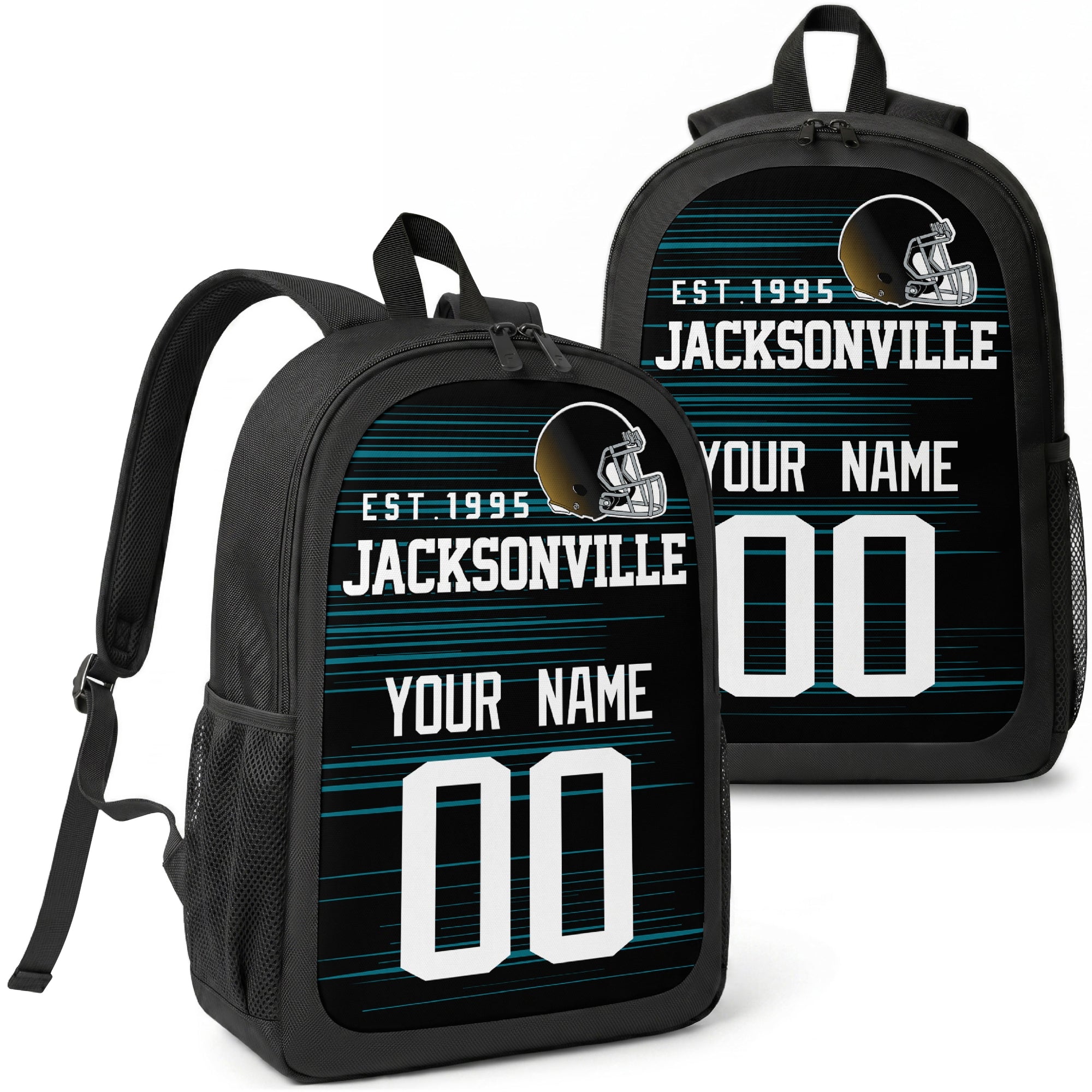 Jacksonville custom football backpack with name and number, front and angled product view