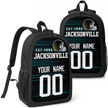 Jacksonville custom football backpack with name and number, front and angled product view