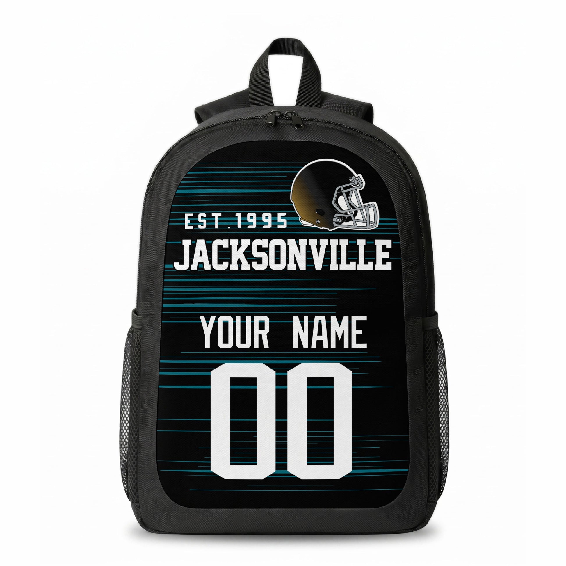 Jacksonville stripe colors personalized football backpack front view with helmet-style graphic