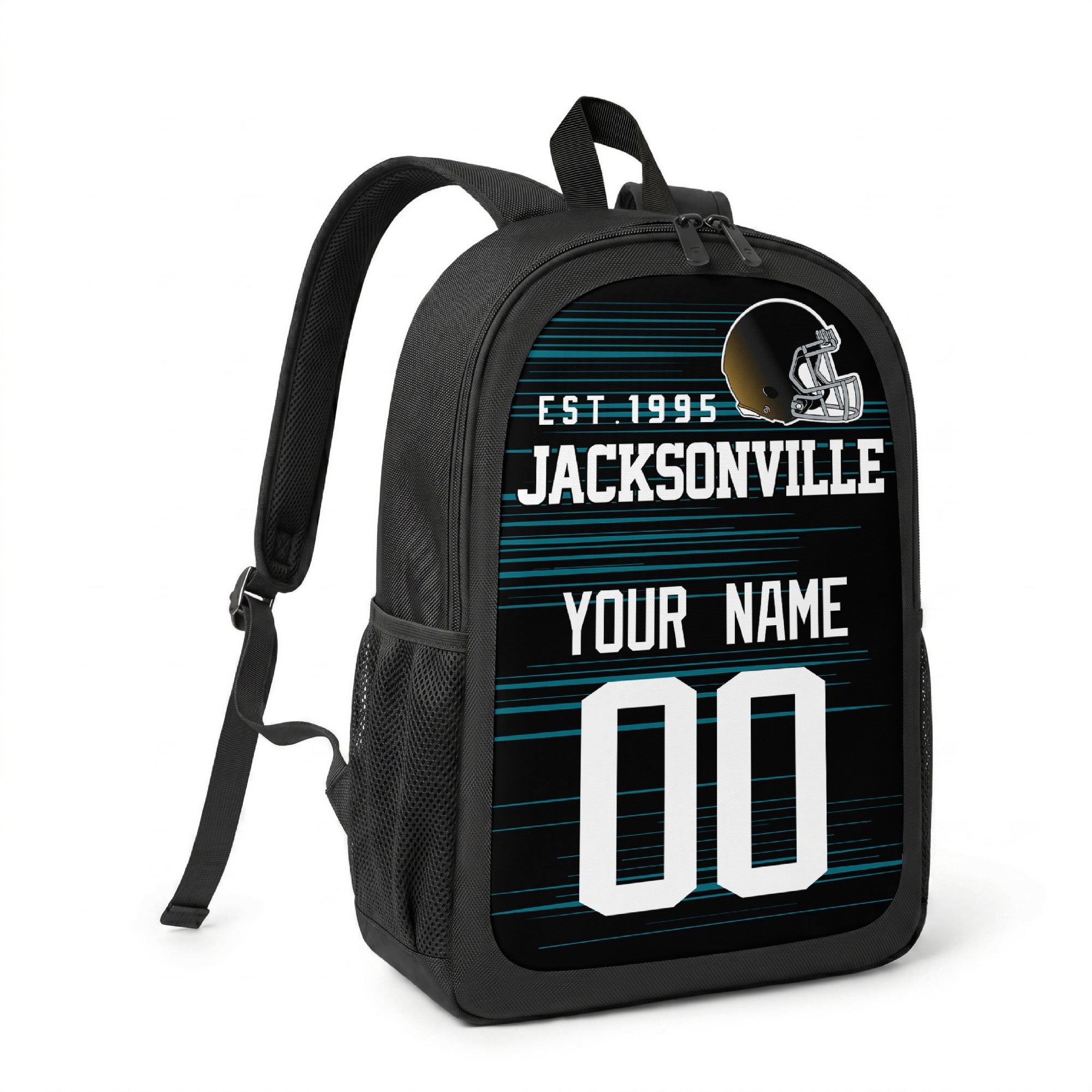 Jacksonville custom name and number football backpack angled side view with black straps