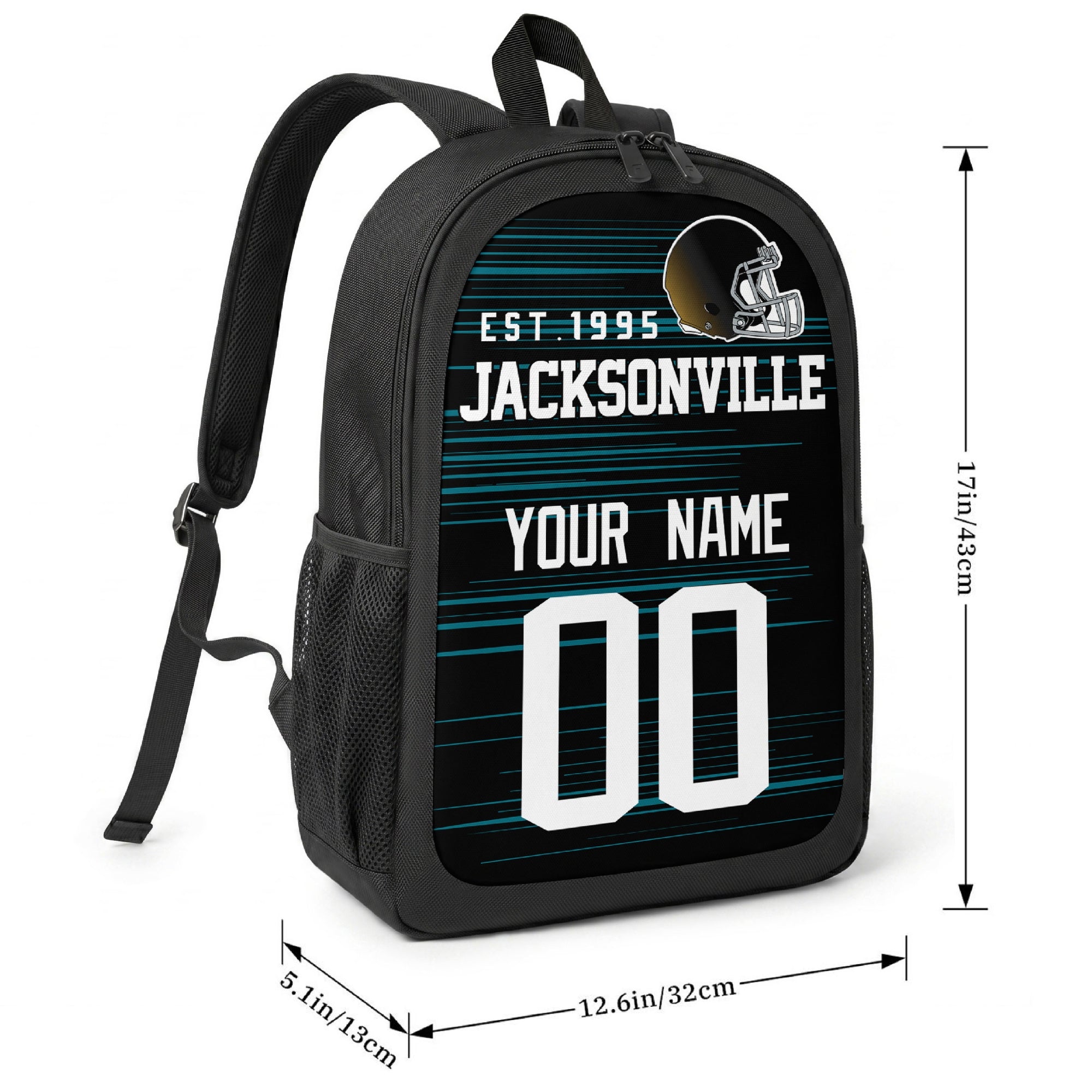 Jacksonville football-inspired backpack size chart showing 17 inch height, 12.6 inch width, and 5.1 inch depth