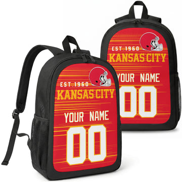 Kansas custom football backpack with name and number, front and angled product view