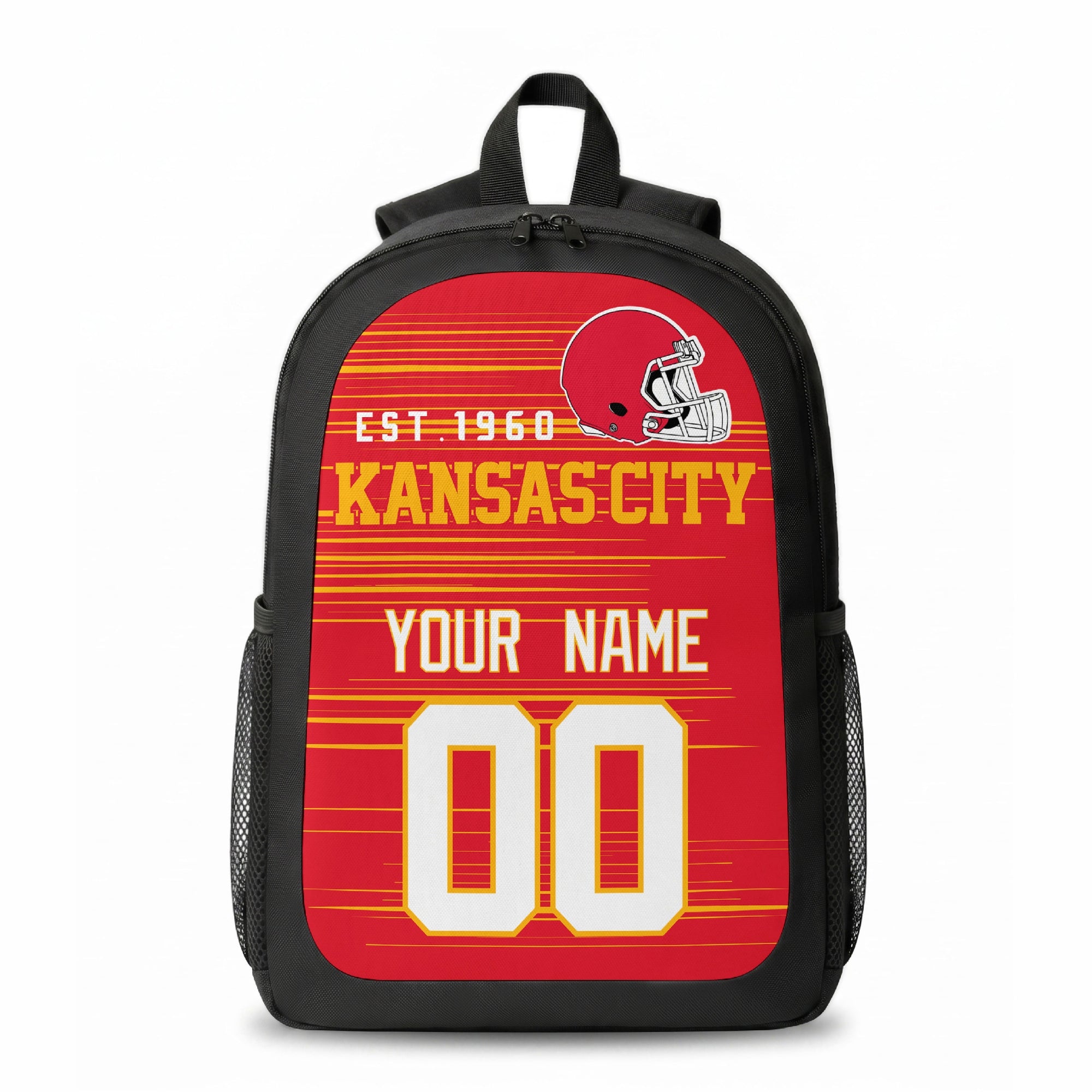 Kansas stripe colors personalized football backpack front view with helmet-style graphic