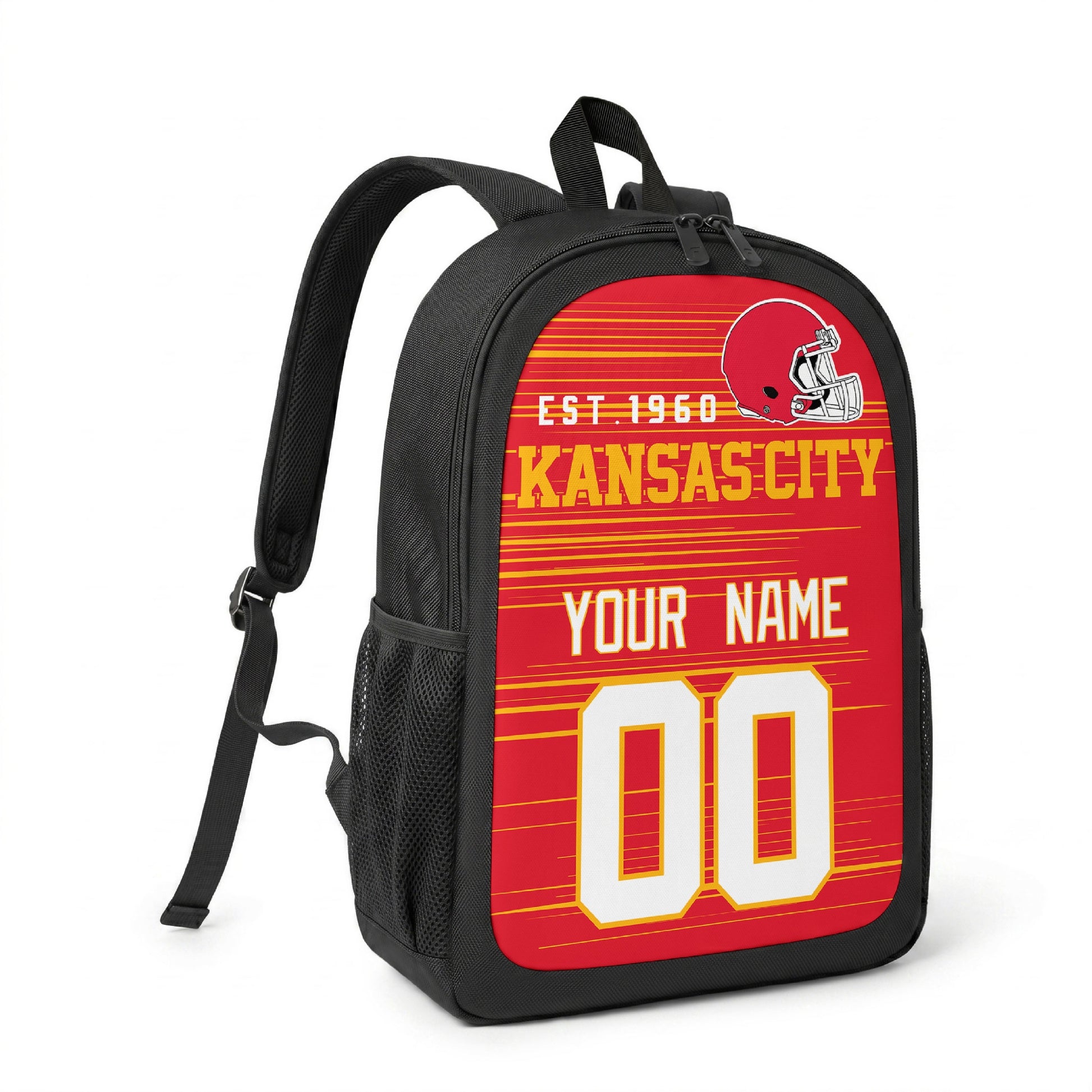 Kansas custom name and number football backpack angled side view with black straps