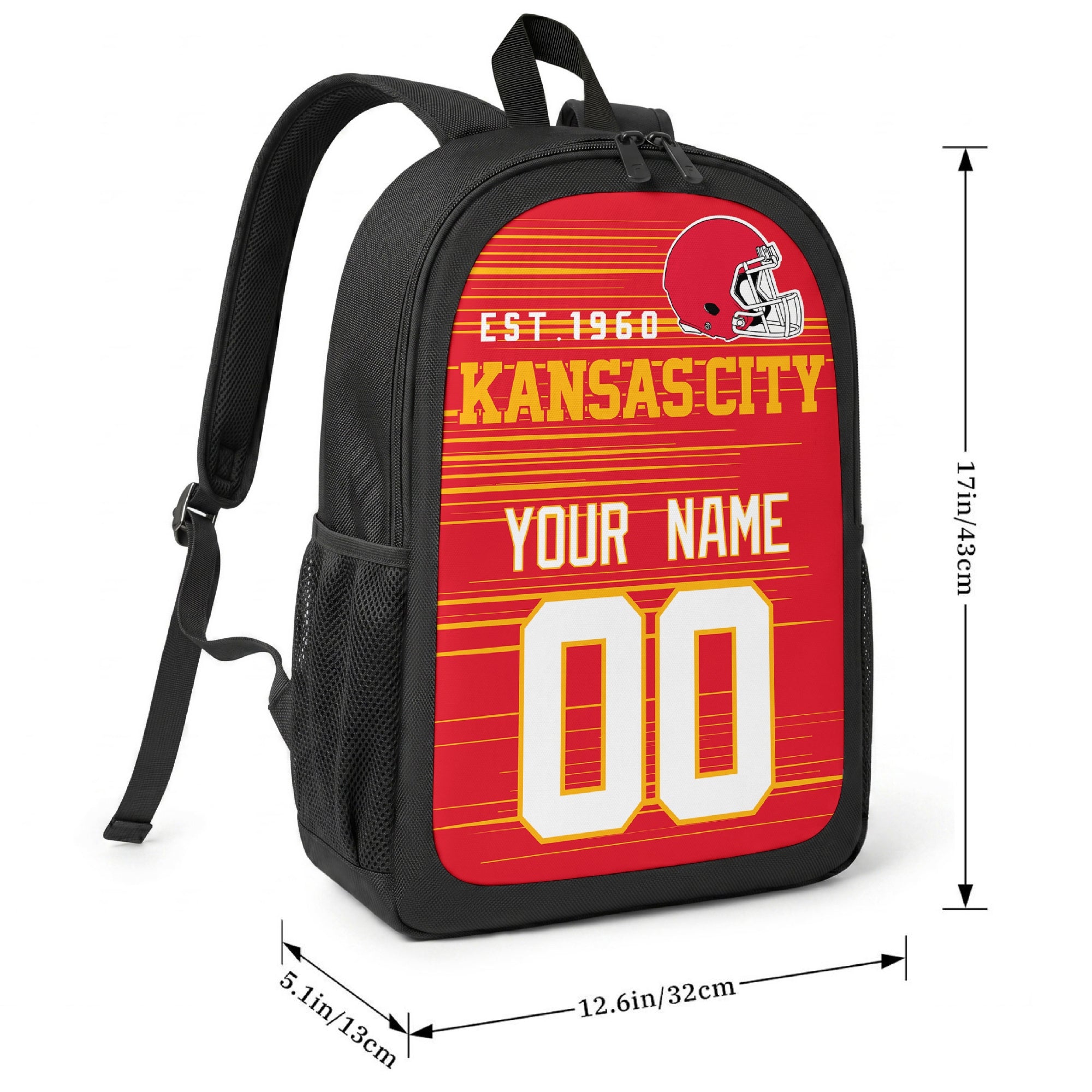 Kansas football-inspired backpack size chart showing 17 inch height, 12.6 inch width, and 5.1 inch depth