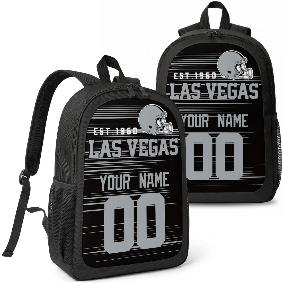 Las Vegas custom football backpack with name and number, front and angled product view