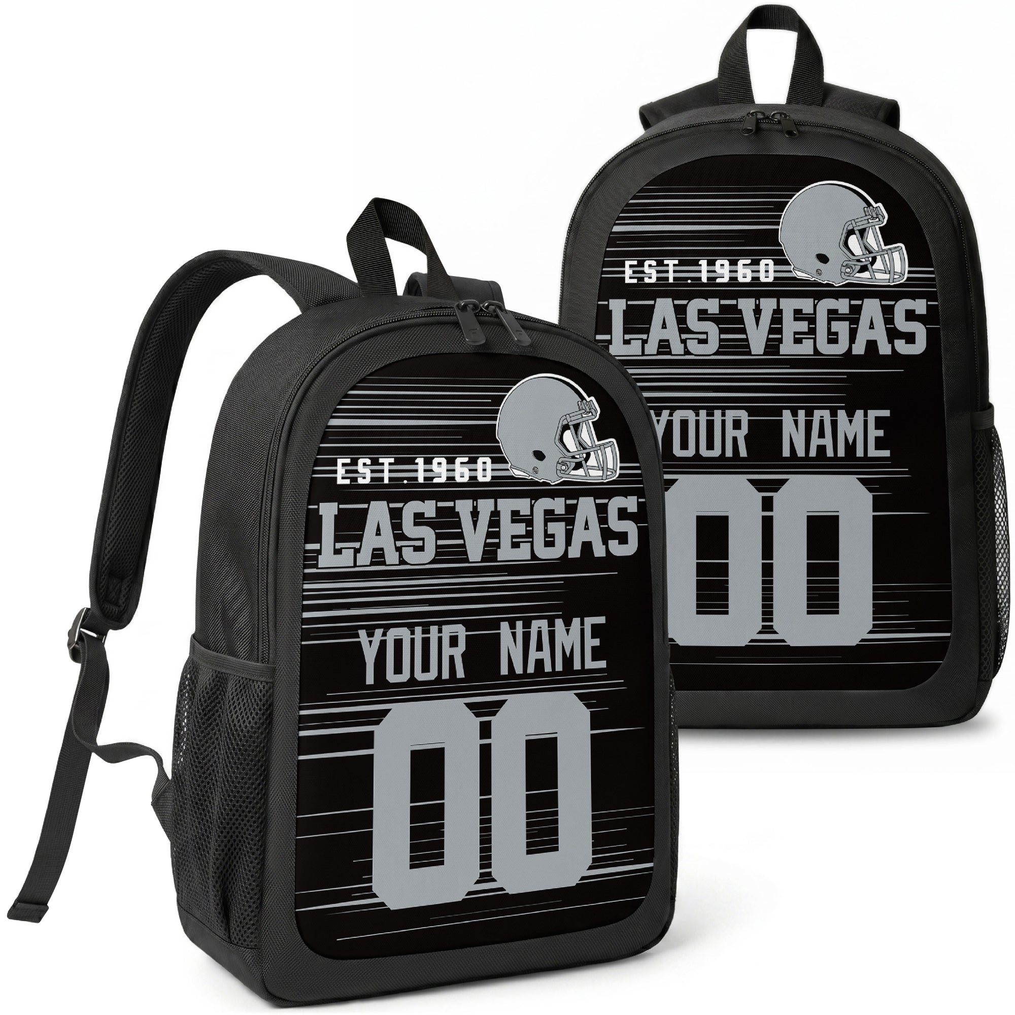 Las Vegas custom football backpack with name and number, front and angled product view