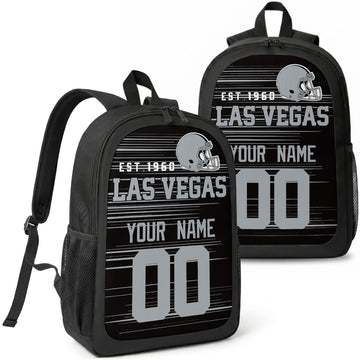 Las Vegas custom football backpack with name and number, front and angled product view
