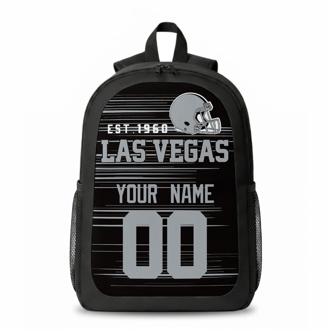 Las Vegas custom football backpack with name and number, front and angled product view
