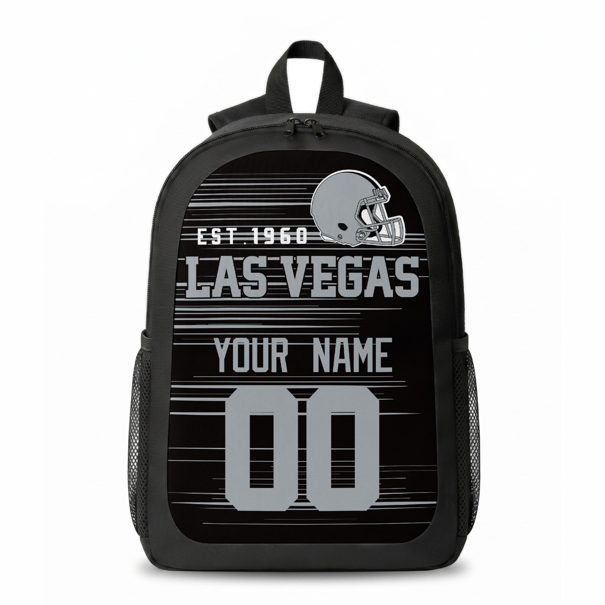 Las Vegas stripe colors personalized football backpack front view with helmet-style graphic