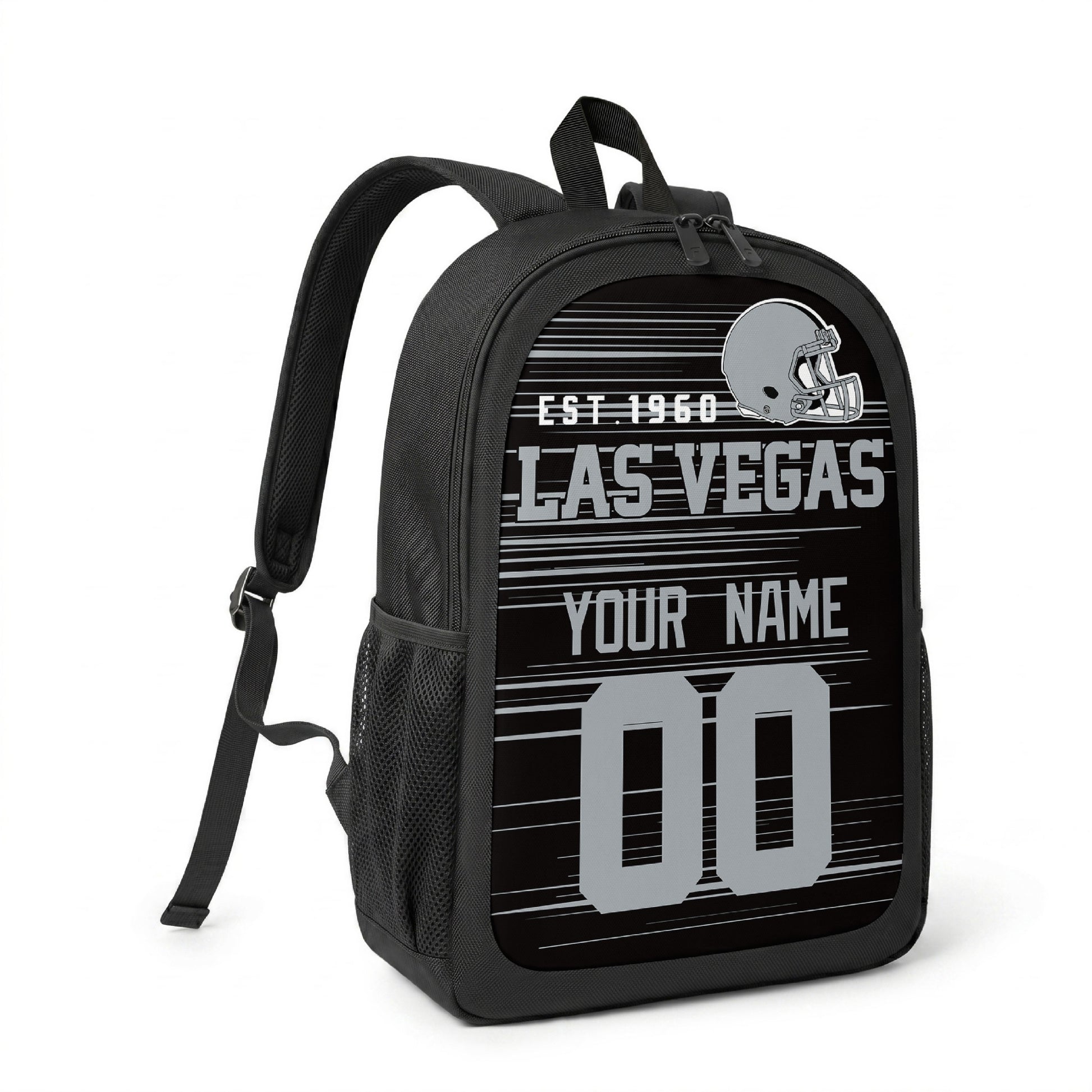 Las Vegas custom name and number football backpack angled side view with black straps