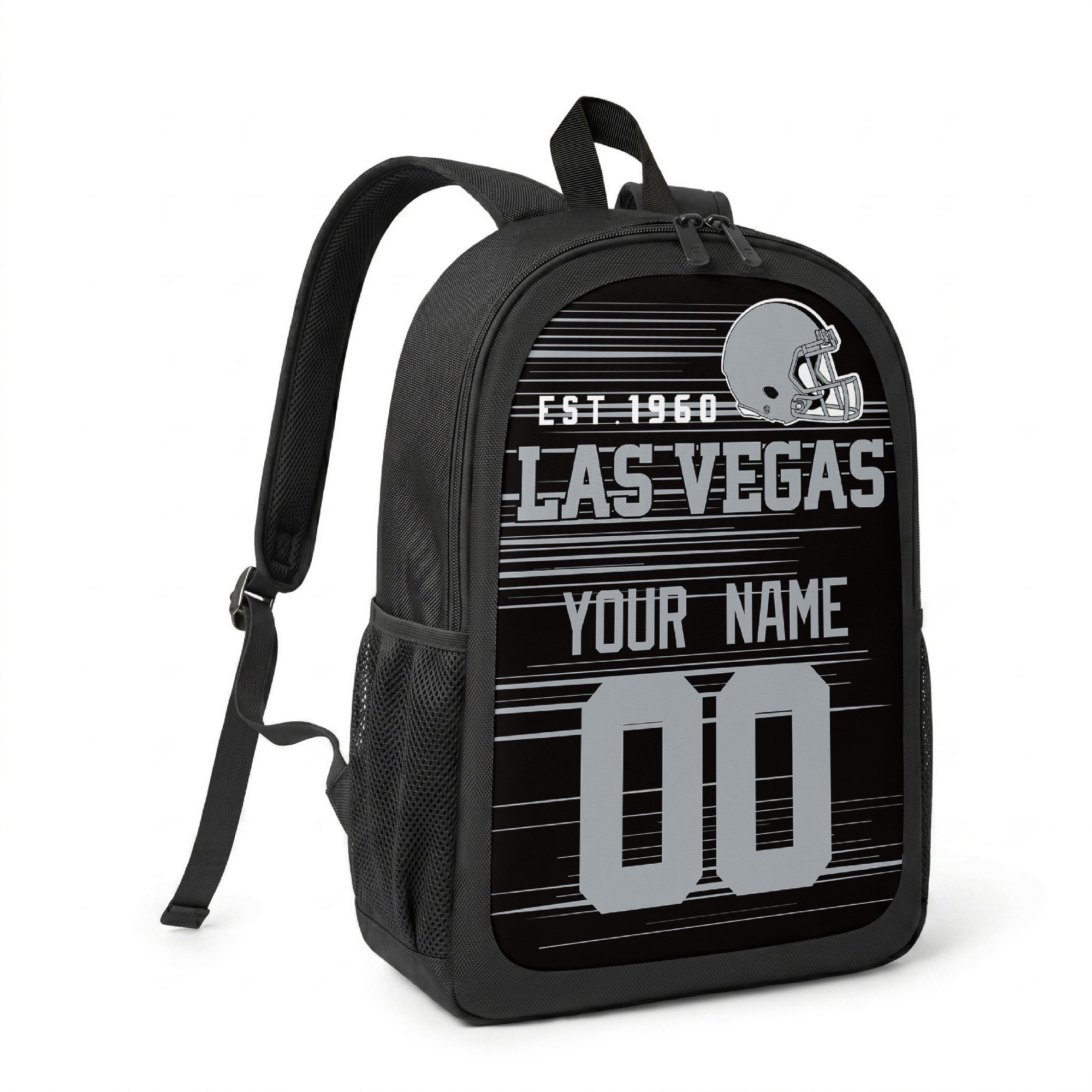 Las Vegas custom name and number football backpack angled side view with black straps