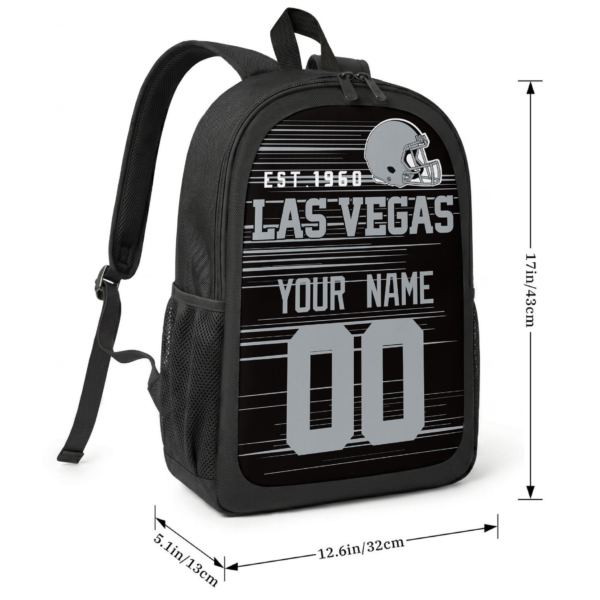 Las Vegas football-inspired backpack size chart showing 17 inch height, 12.6 inch width, and 5.1 inch depth