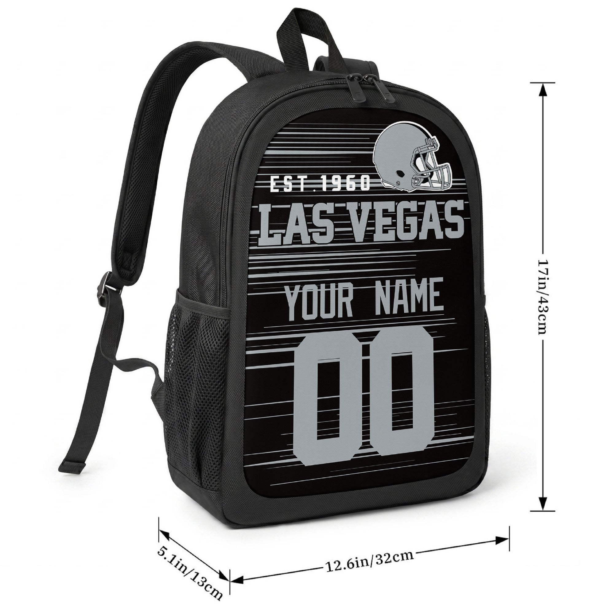 Las Vegas football-inspired backpack size chart showing 17 inch height, 12.6 inch width, and 5.1 inch depth