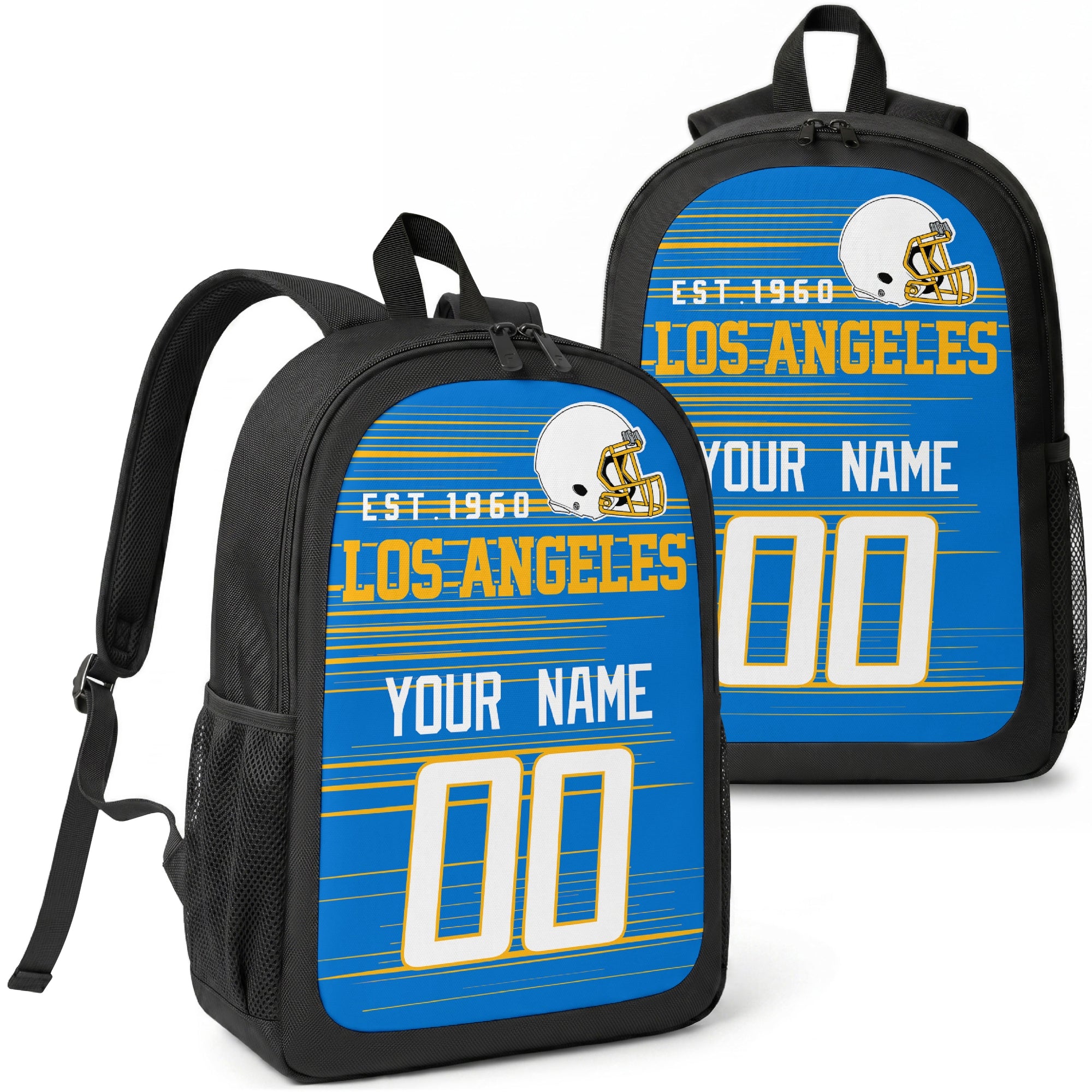 Los Angeles custom football backpack with name and number, front and angled product view