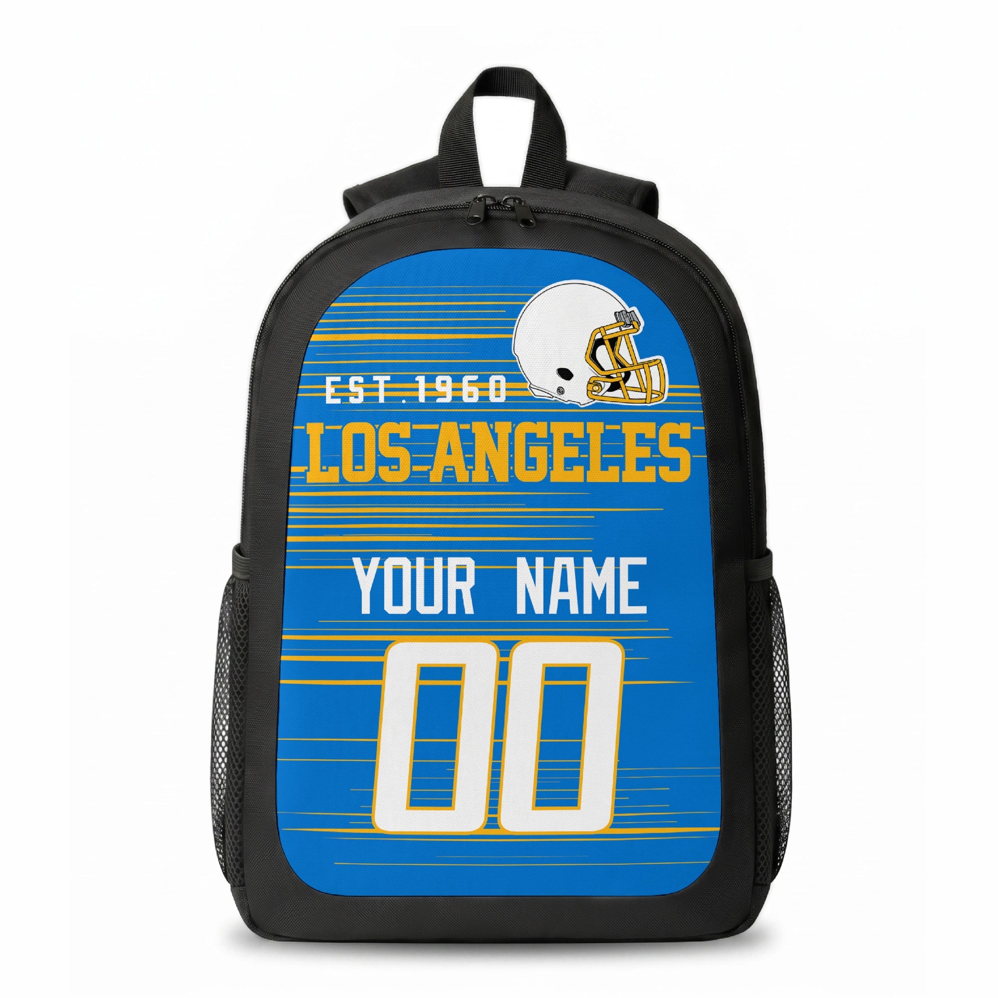 Los Angeles stripe colors personalized football backpack front view with helmet-style graphic
