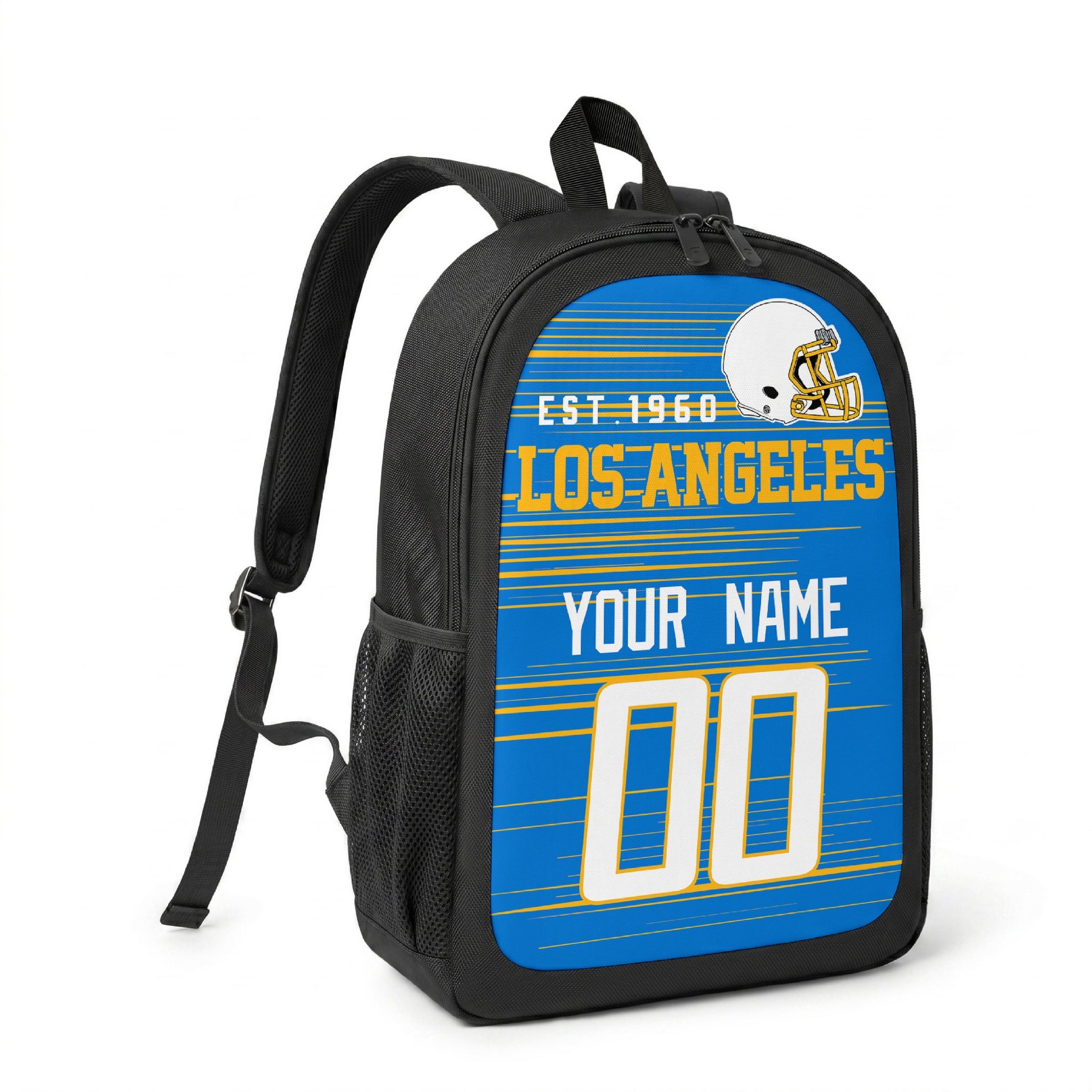 Los Angeles custom name and number football backpack angled side view with black straps