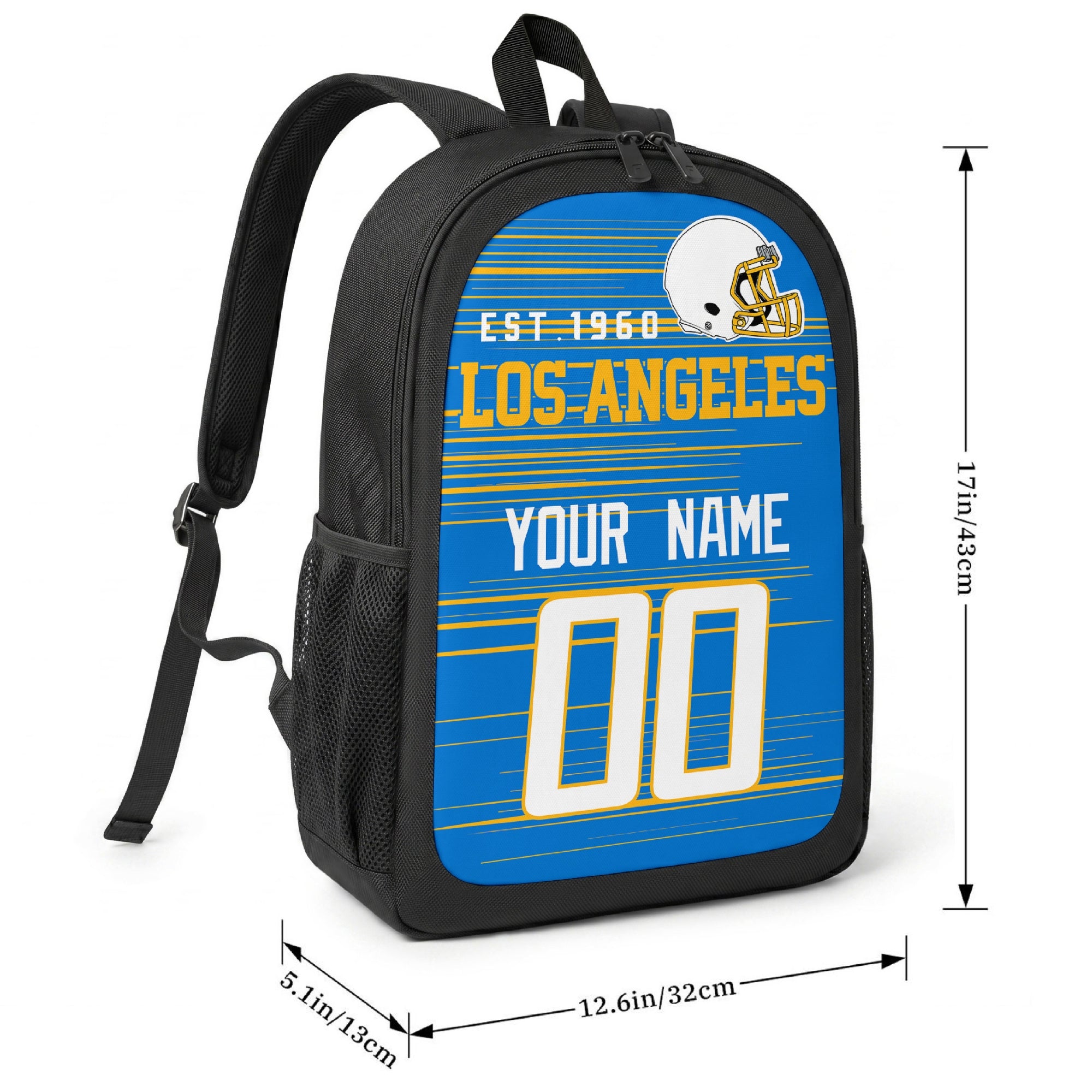 Los Angeles football-inspired backpack size chart showing 17 inch height, 12.6 inch width, and 5.1 inch depth