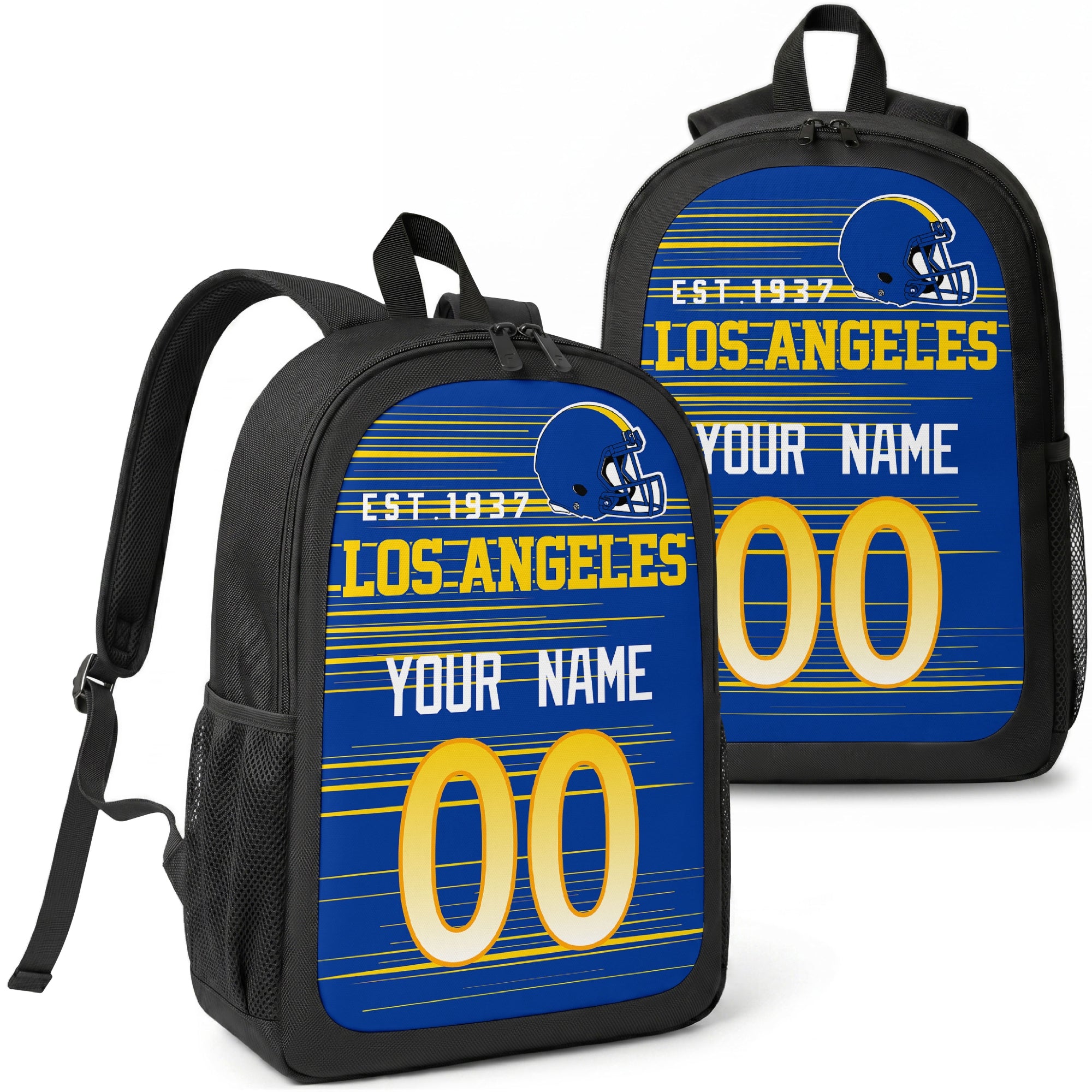 Los Angeles Royal custom football backpack with name and number, front and angled product view