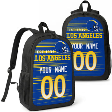 Los Angeles Royal custom football backpack with name and number, front and angled product view