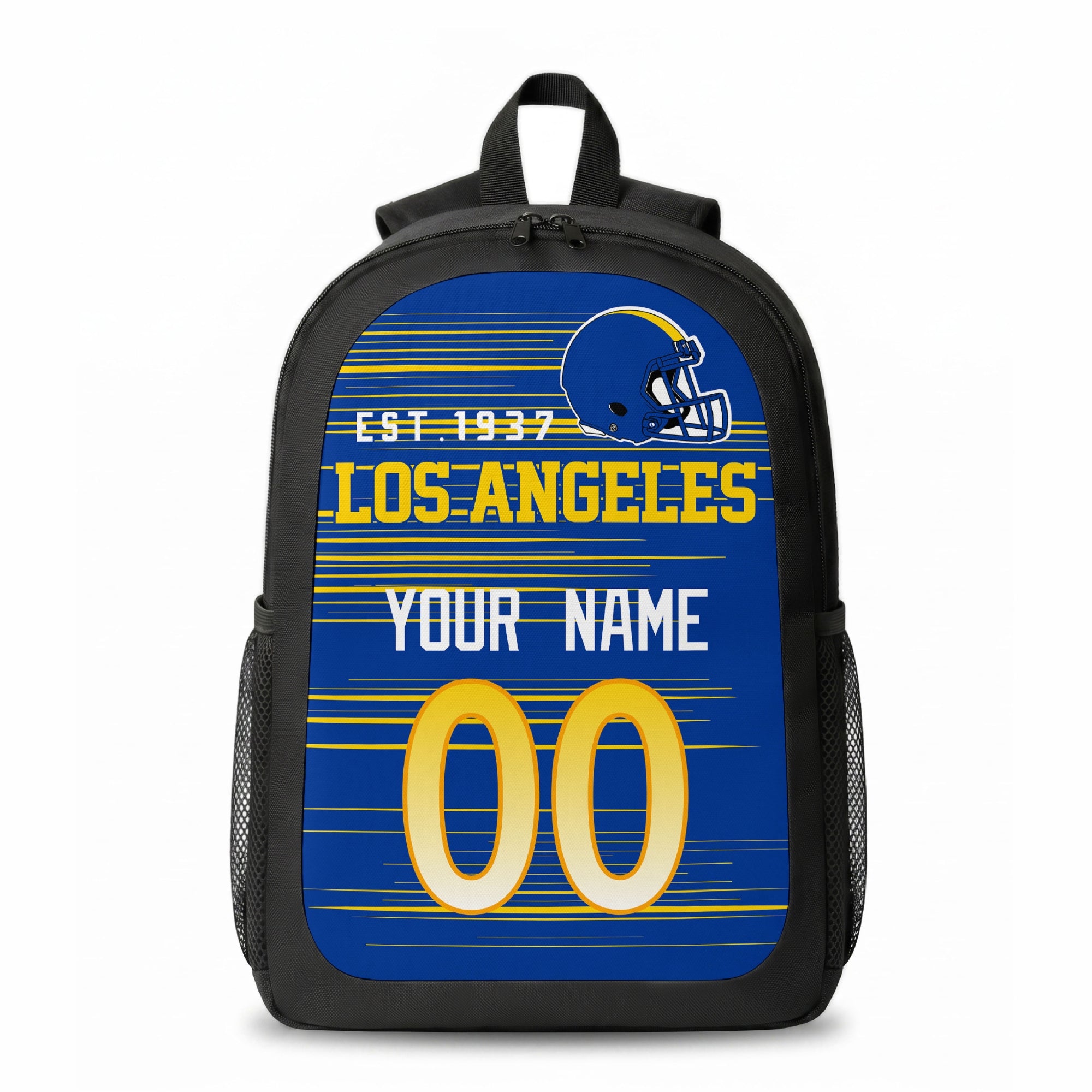 Los Angeles Royal stripe colors personalized football backpack front view with helmet-style graphic