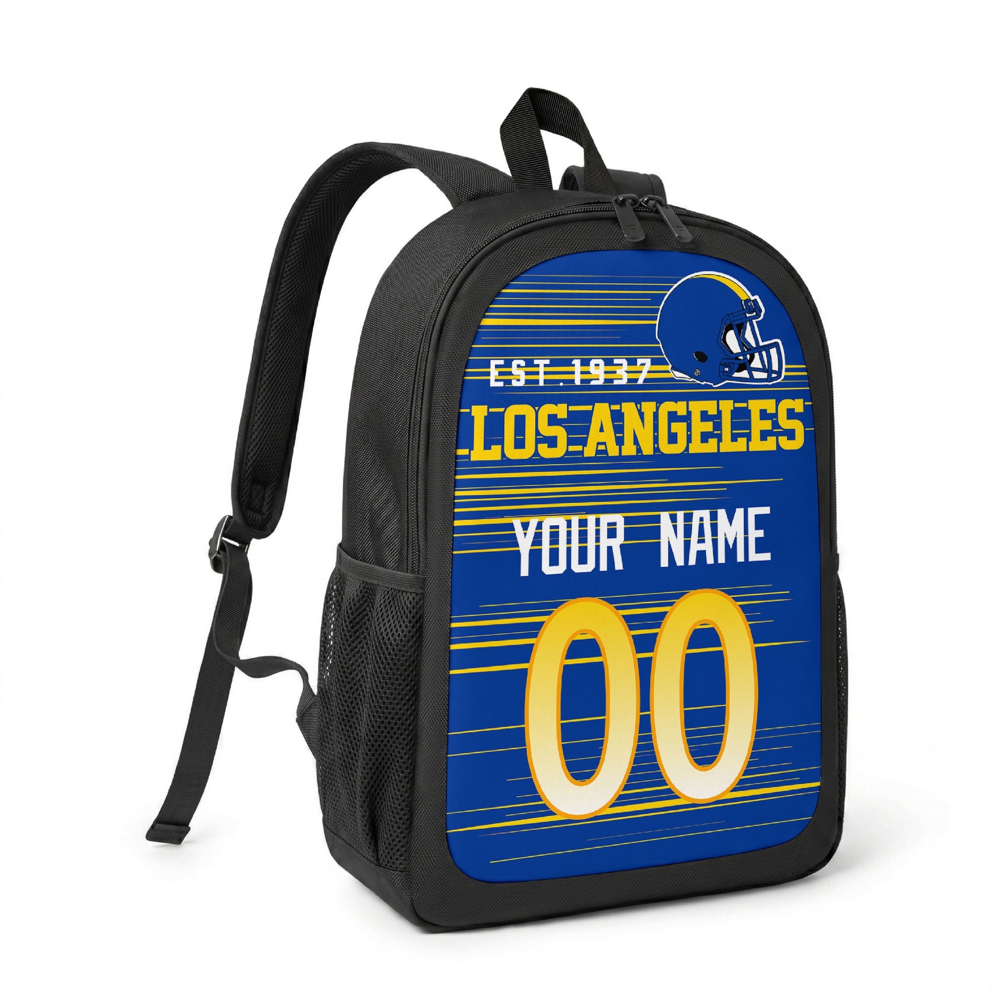 Los Angeles Royal custom name and number football backpack angled side view with black straps