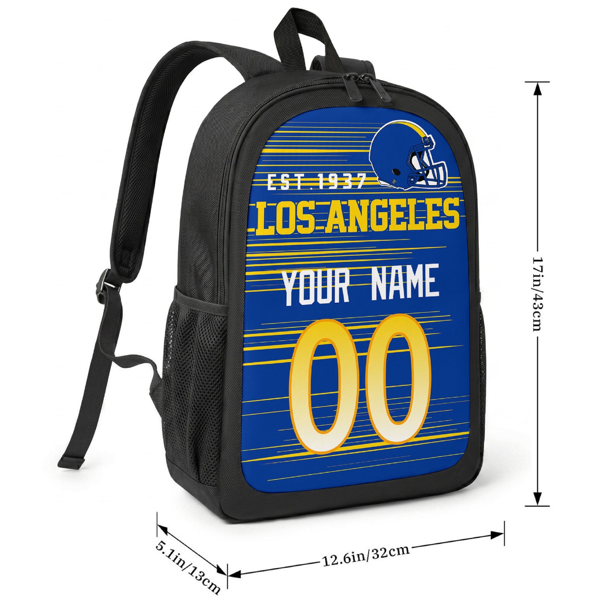 Los Angeles Royal football-inspired backpack size chart showing 17 inch height, 12.6 inch width, and 5.1 inch depth