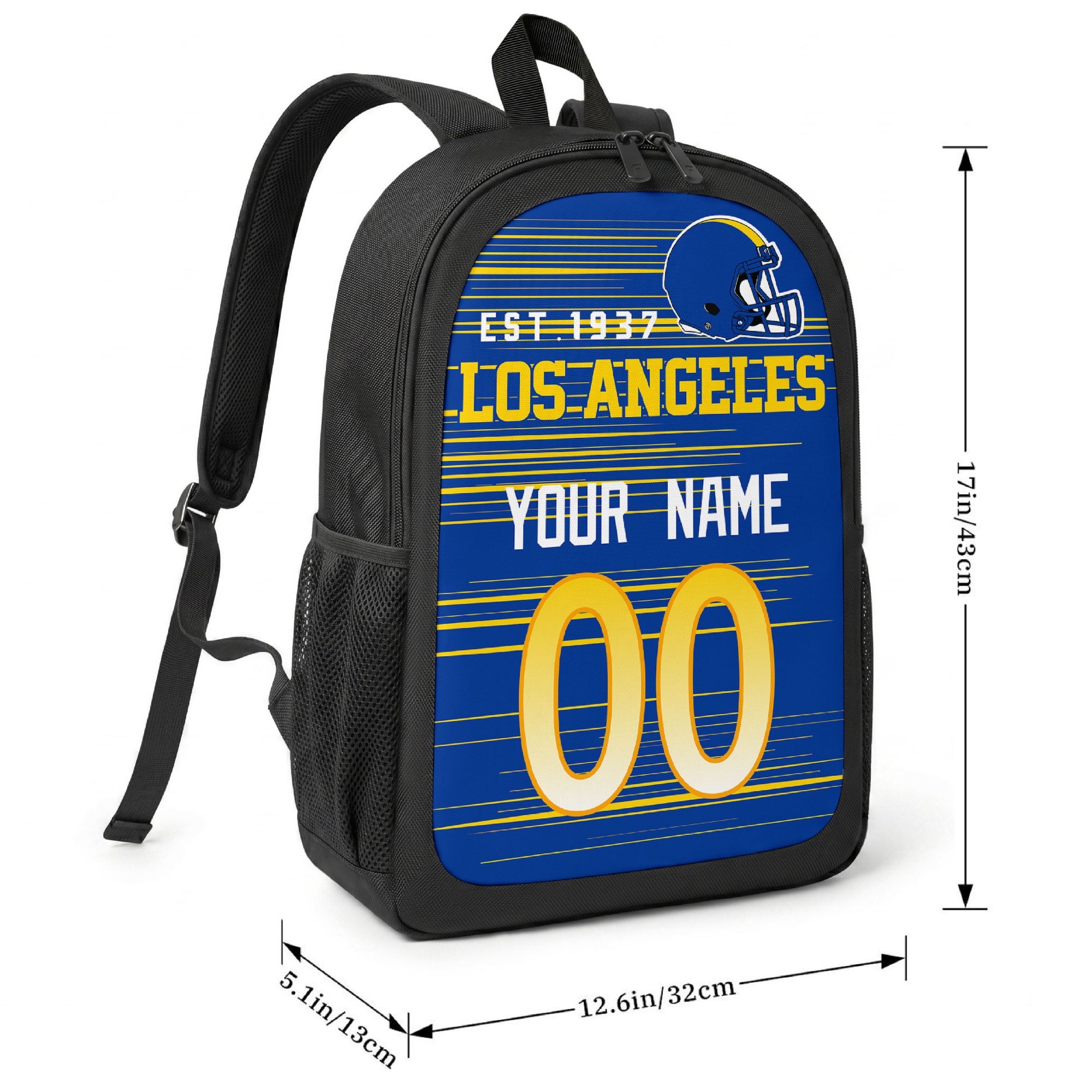 Los Angeles Royal football-inspired backpack size chart showing 17 inch height, 12.6 inch width, and 5.1 inch depth