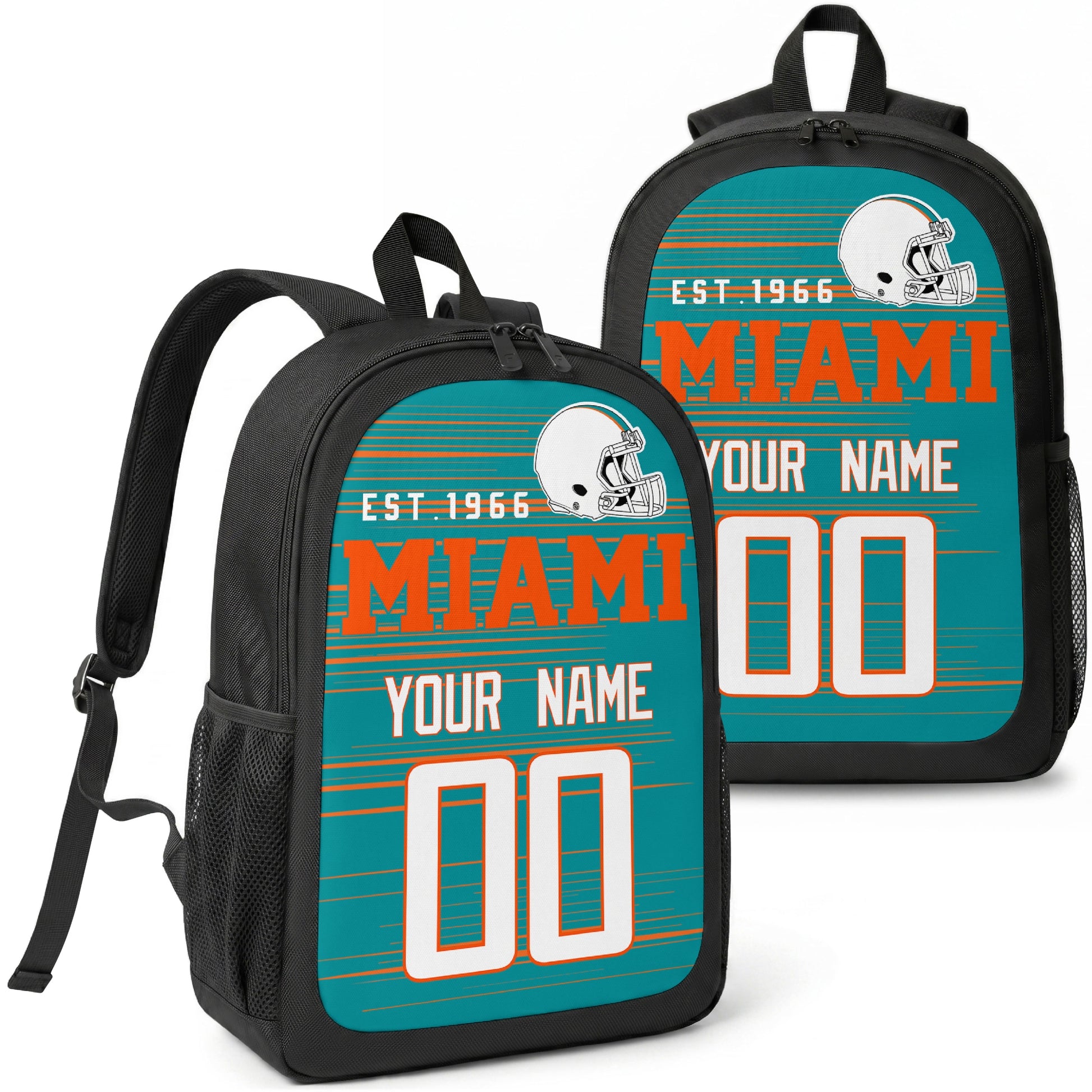 Miami custom football backpack with name and number, front and angled product view