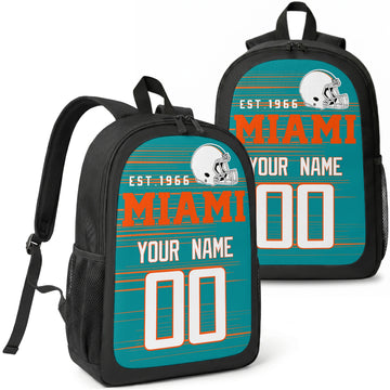 Miami custom football backpack with name and number, front and angled product view