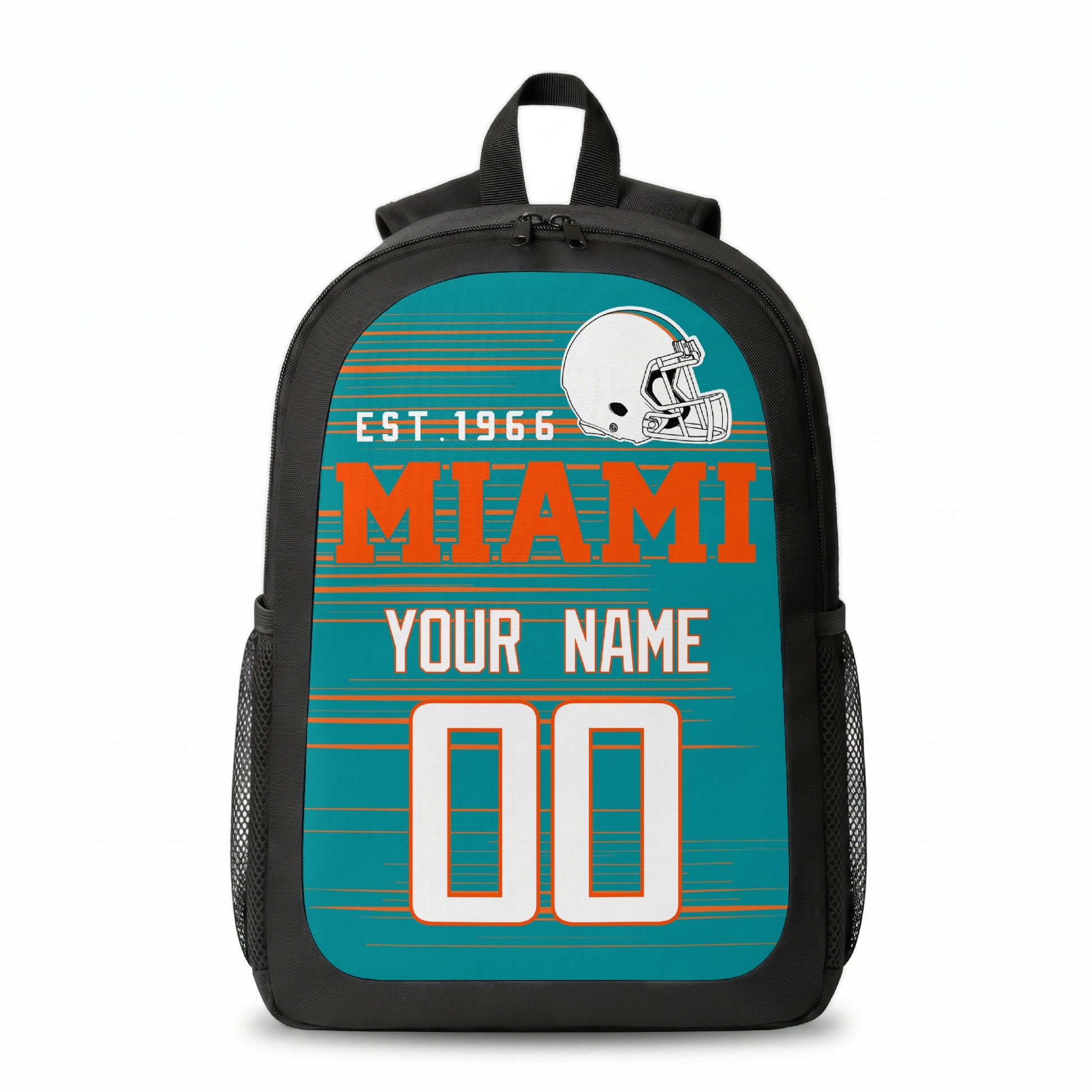 Miami stripe colors personalized football backpack front view with helmet-style graphic