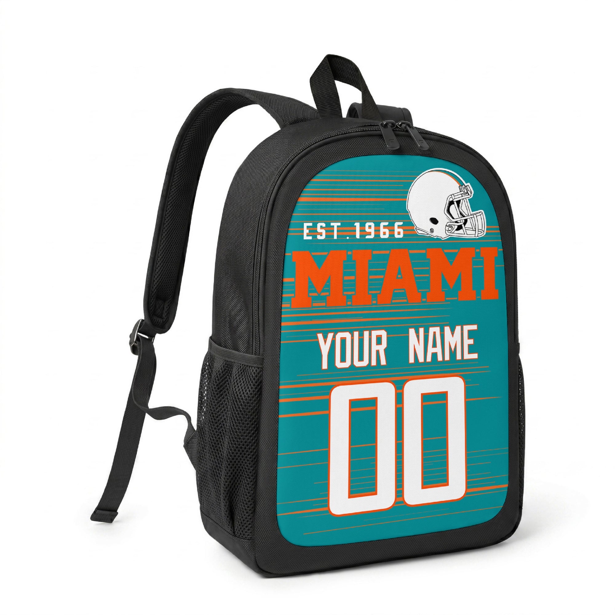 Miami custom name and number football backpack angled side view with black straps
