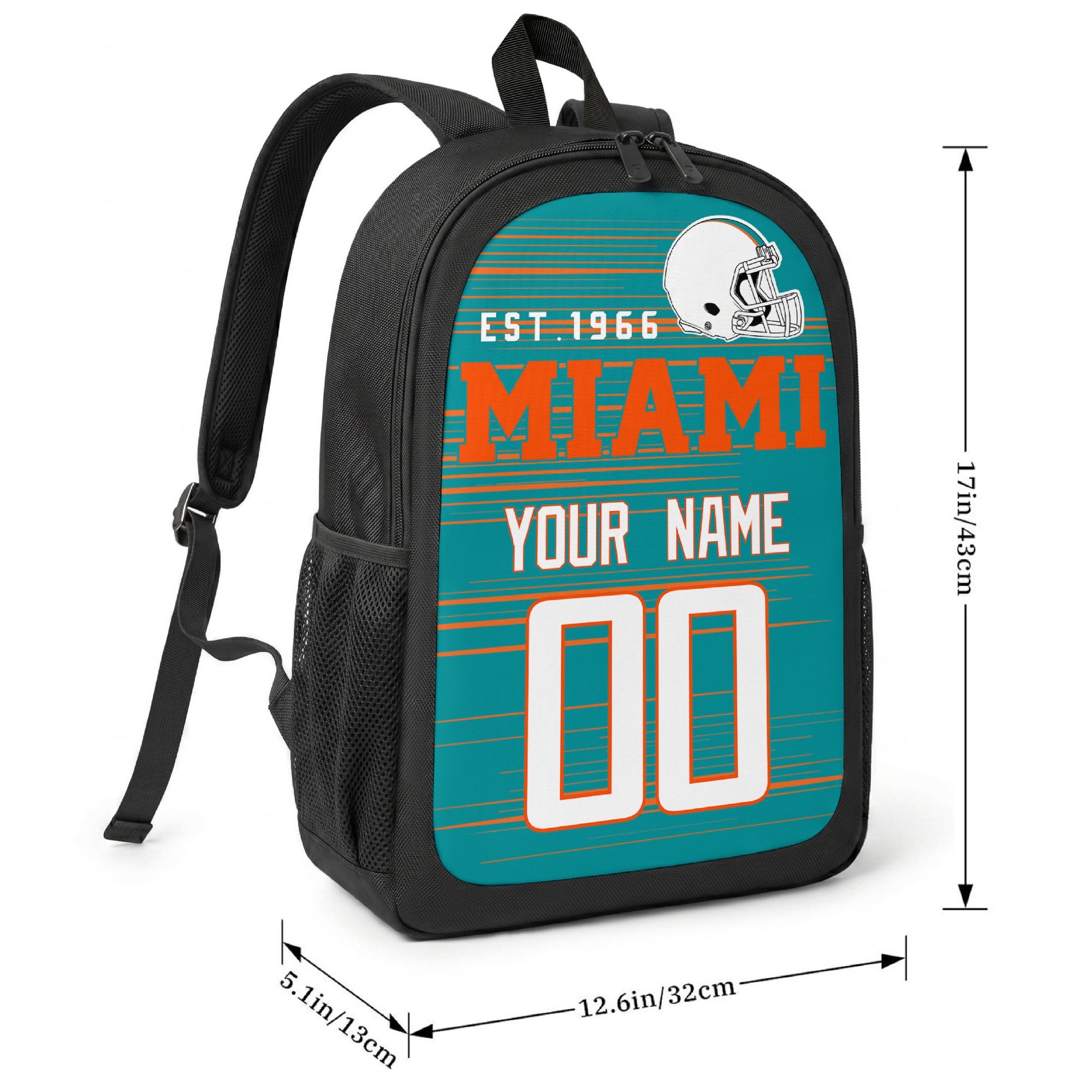 Miami football-inspired backpack size chart showing 17 inch height, 12.6 inch width, and 5.1 inch depth