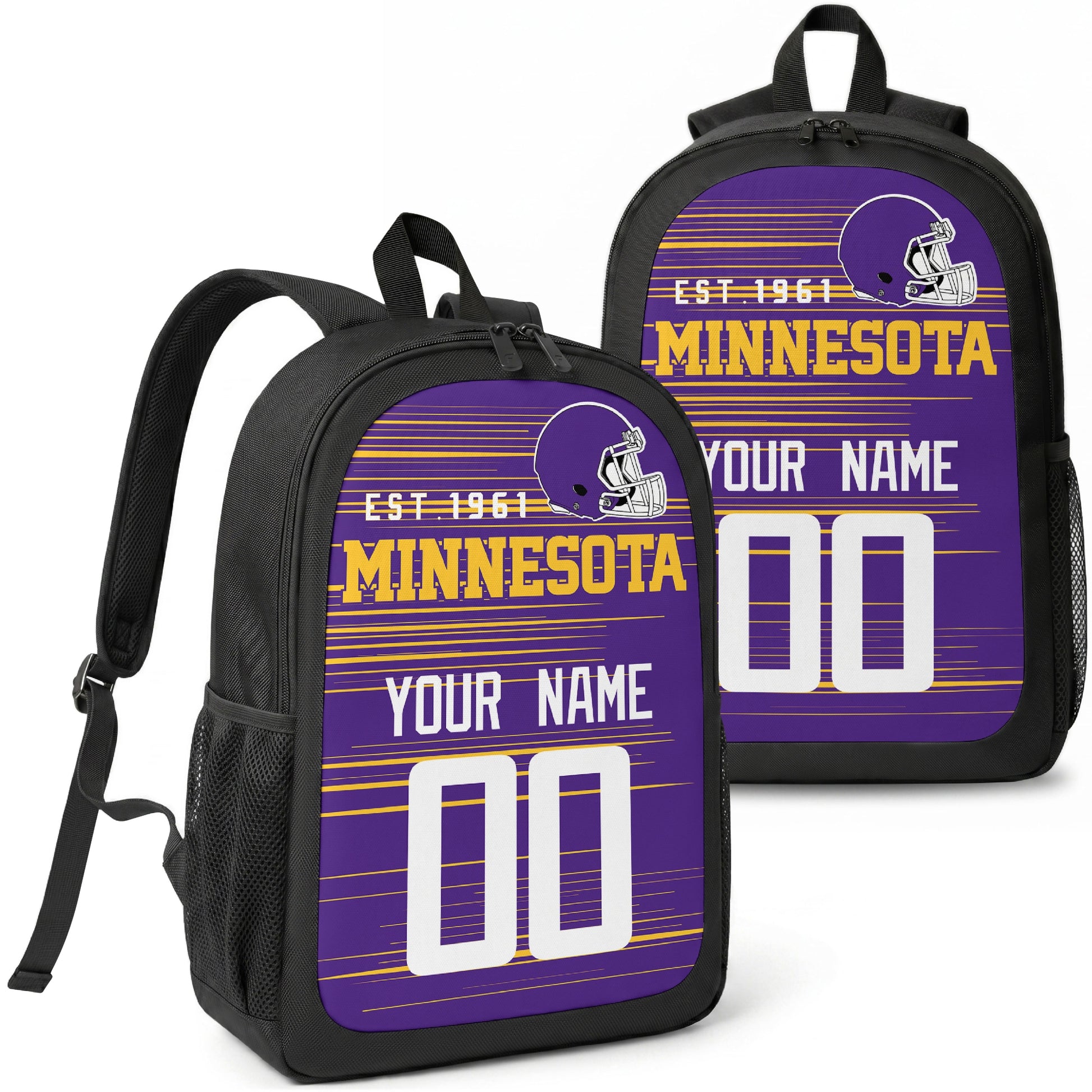 Minnesota custom football backpack with name and number, front and angled product view