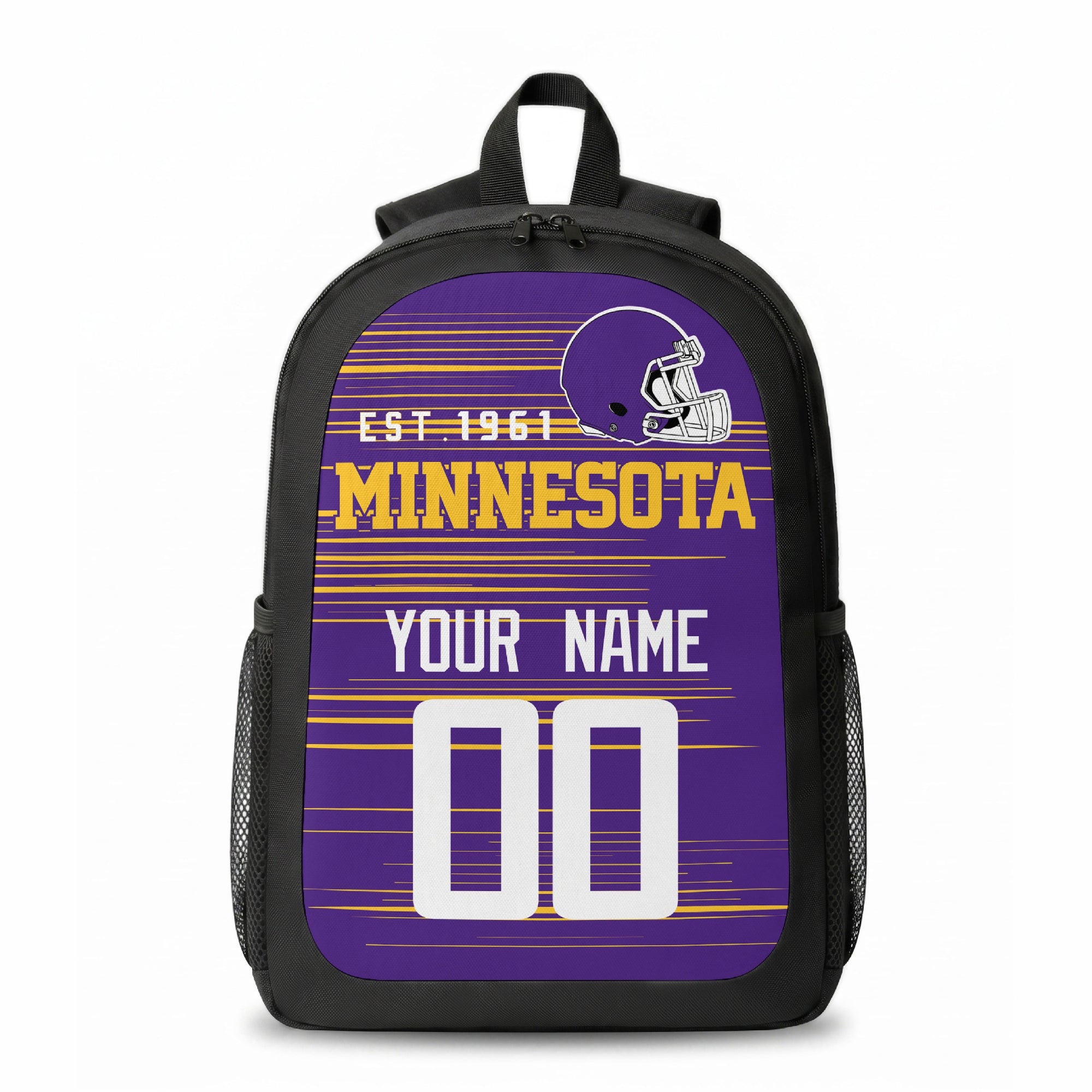 Minnesota stripe colors personalized football backpack front view with helmet-style graphic