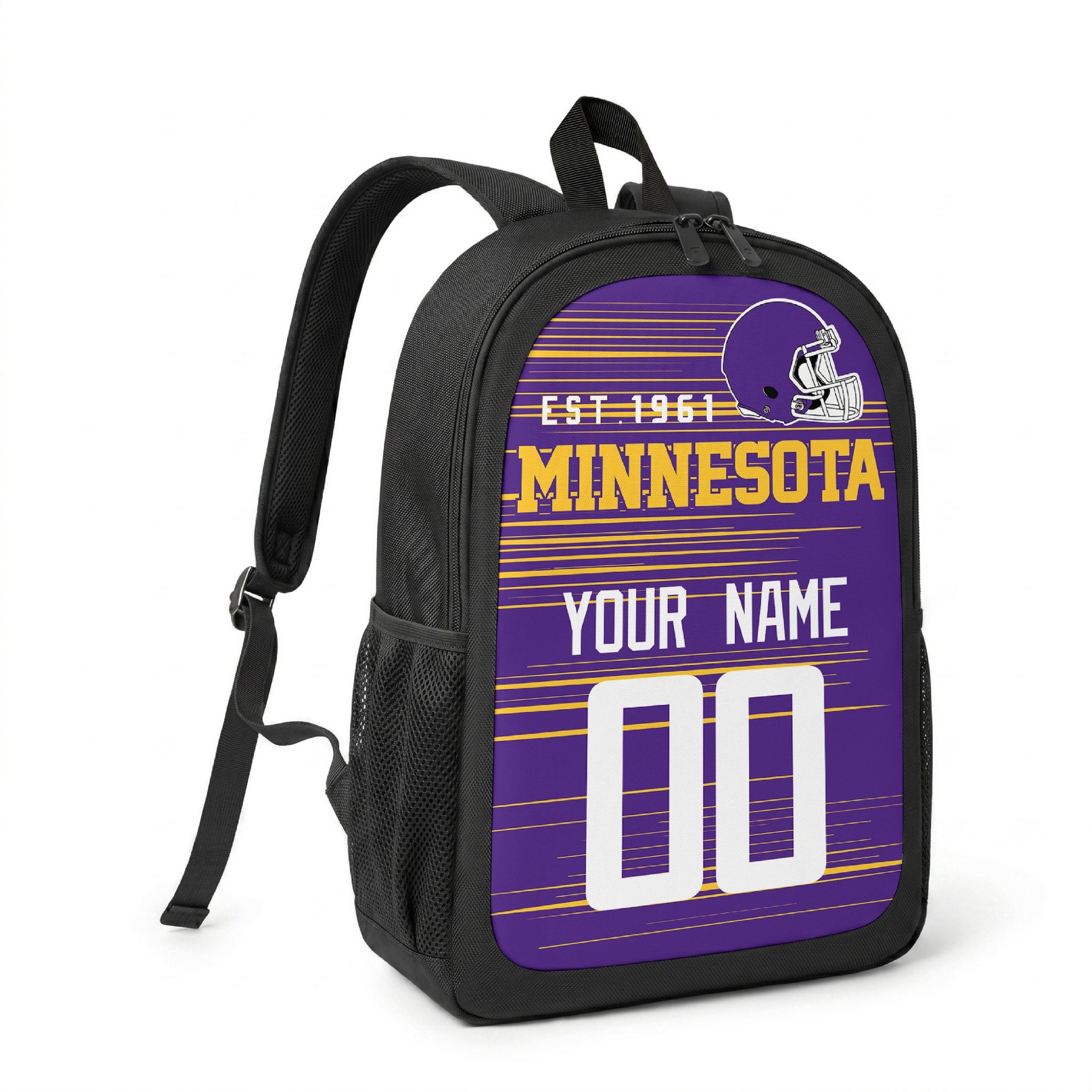 Minnesota custom name and number football backpack angled side view with black straps
