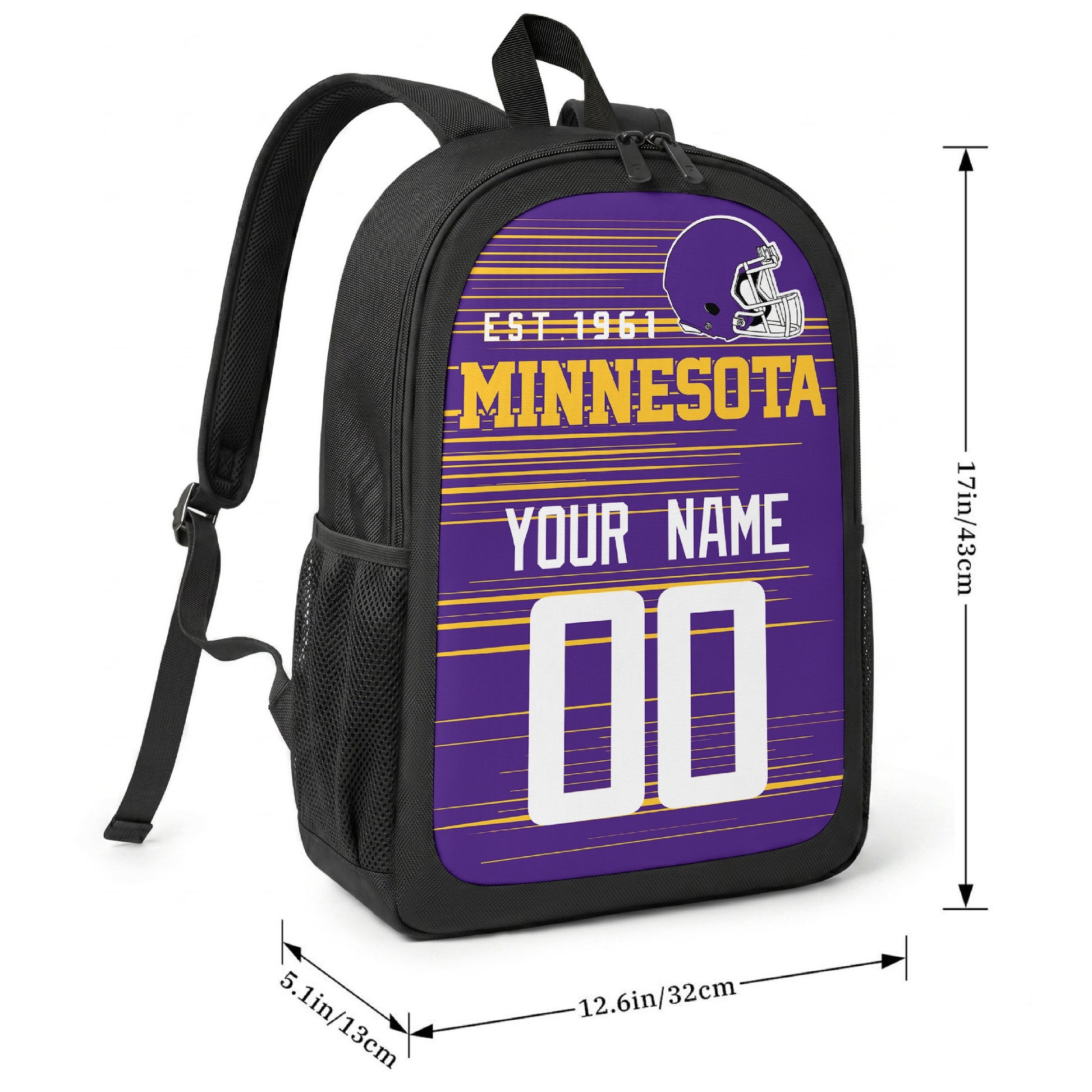 Minnesota football-inspired backpack size chart showing 17 inch height, 12.6 inch width, and 5.1 inch depth